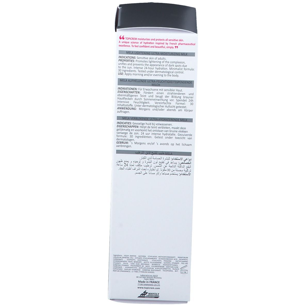 Dos de la boîte. Texte en plusieurs langues. Informations sur les propriétés, l'utilisation et les ingrédients.