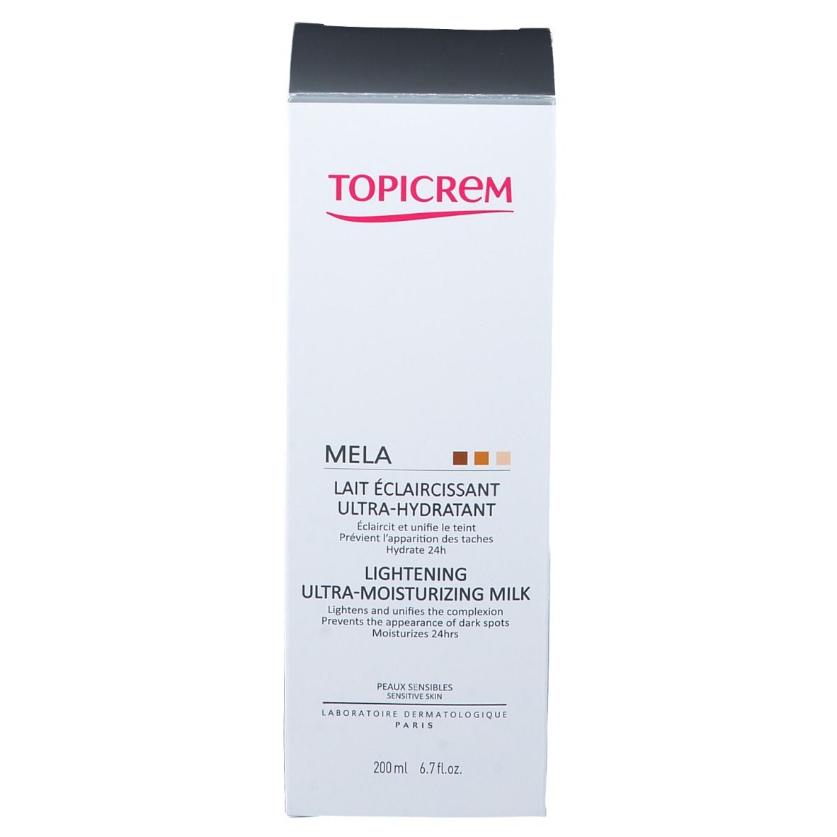 Boîte blanche avec couvercle noir. Texte: TOPICREM, MELA, Lait éclaircissant Ultra-hydratant, Lightening Ultra-moisturizing Milk. 200 ml.