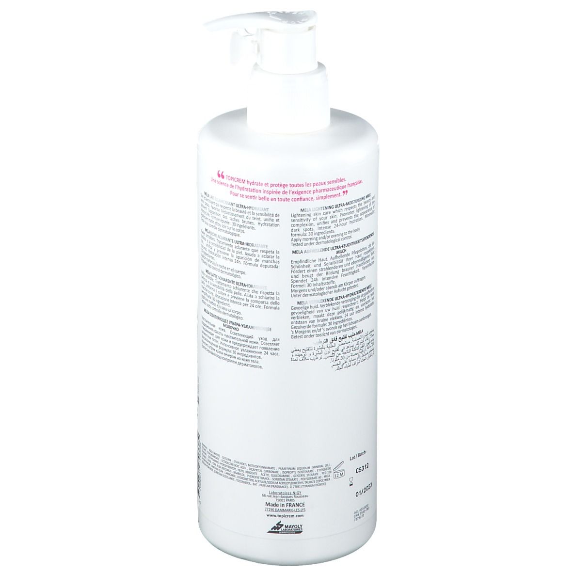 Weiße Flasche mit Pumpe. Rückseite mit Text. Made in France.