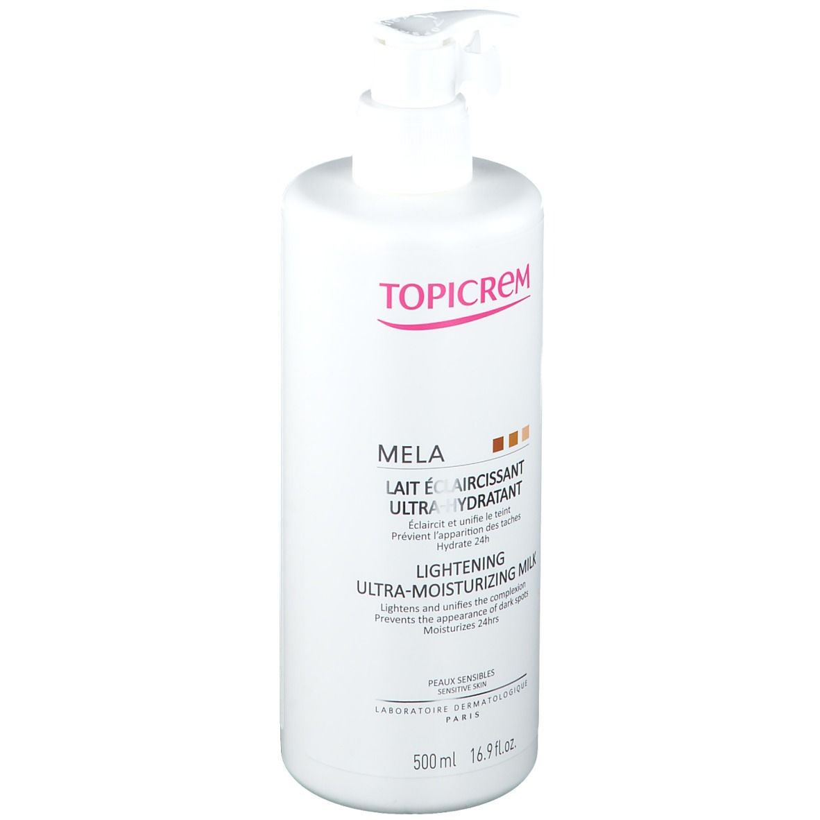 Weiße Flasche mit Pumpe. Aufschrift TOPICREM MELA, Lait éclaircissant ultra-hydratant. 500ml.