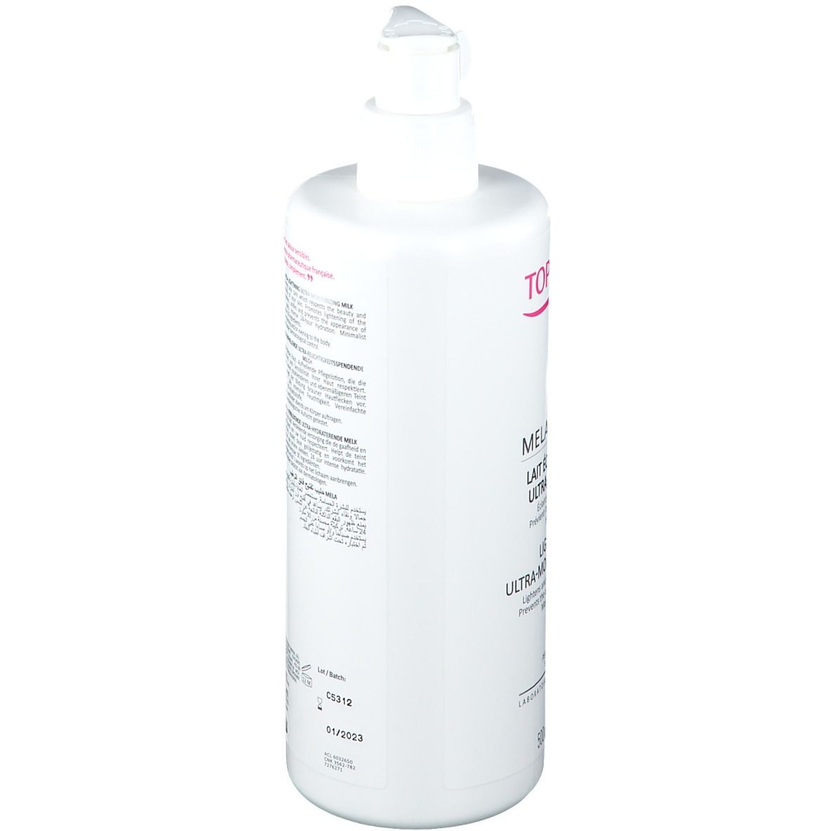 Weiße Flasche mit Pumpe. Rückseite mit Text. Aufschrift TOPICREM MELA.