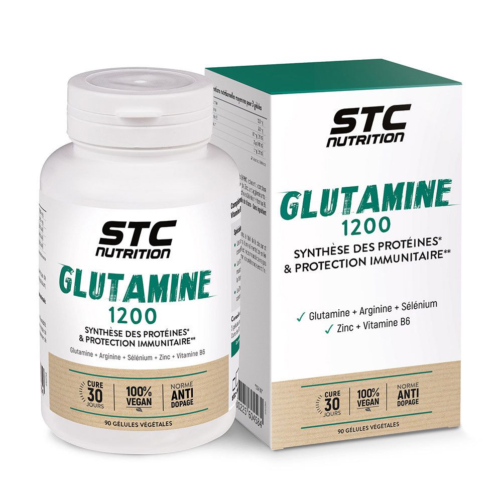 STC Nutrition Glutamine 1200. Flacon et boîte blancs. Contient 90 gélules. Vegan, anti-dopage.