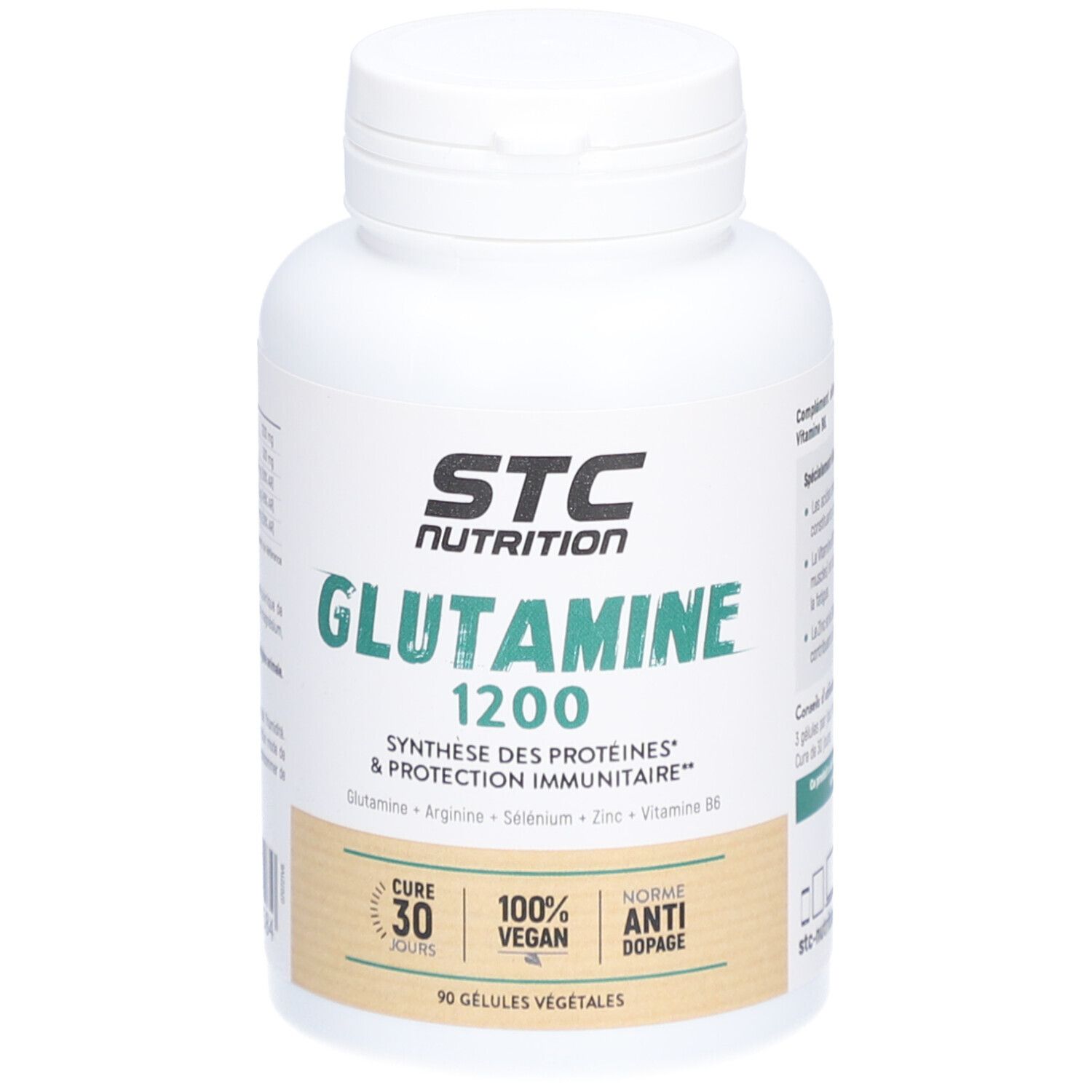 STC Nutrition Glutamine 1200. Weiße Flasche mit Kapseln. Vegan, Anti-Doping. 90 Kapseln.