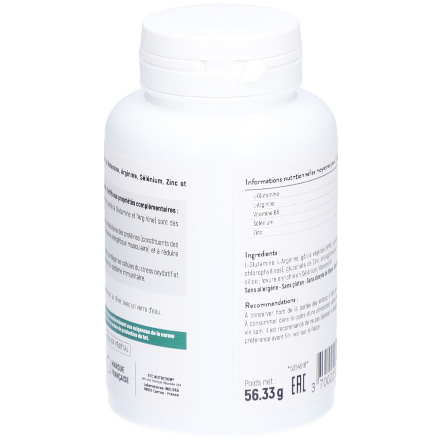 Rückseite der weißen Flasche STC Nutrition Glutamine 1200. Nährwertangaben und Inhaltsstoffe.