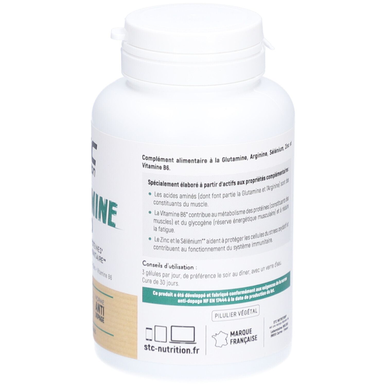 Rückseite der weißen Flasche STC Nutrition Glutamine 1200. Gebrauchsanweisung und Inhaltsstoffe.