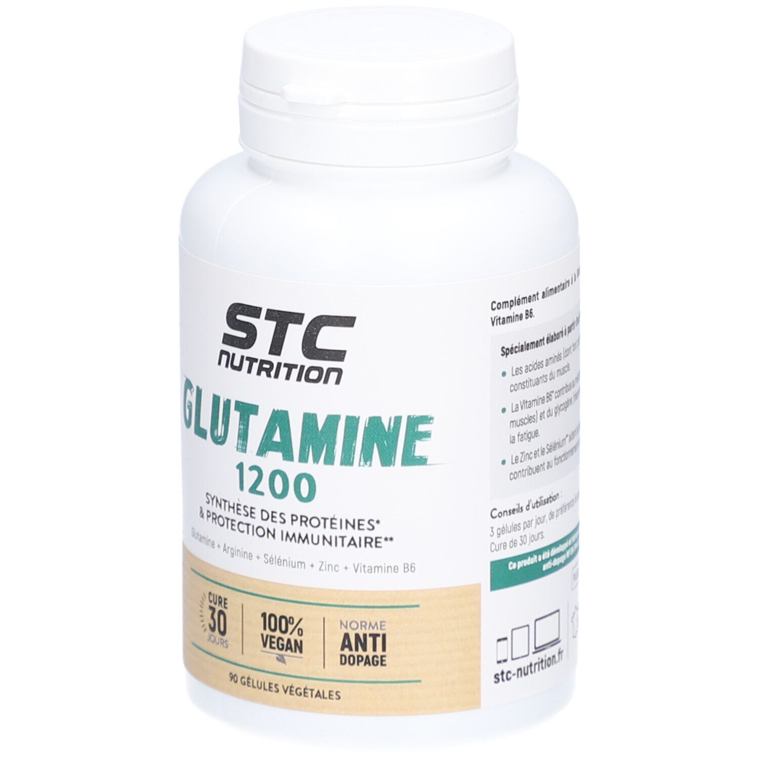 STC Nutrition Glutamine 1200. Weiße Flasche mit Kapseln. Vegan, Anti-Doping. 90 Kapseln.
