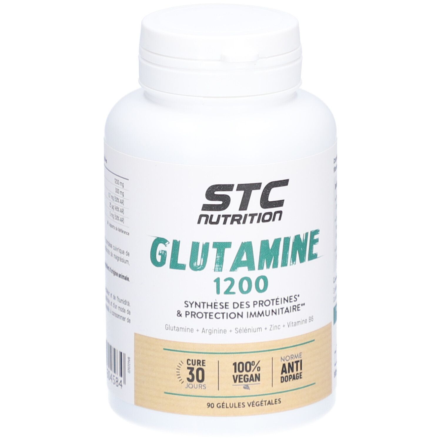 STC Nutrition Glutamine 1200. Weiße Flasche mit Kapseln. Vegan, Anti-Doping. 90 Kapseln.