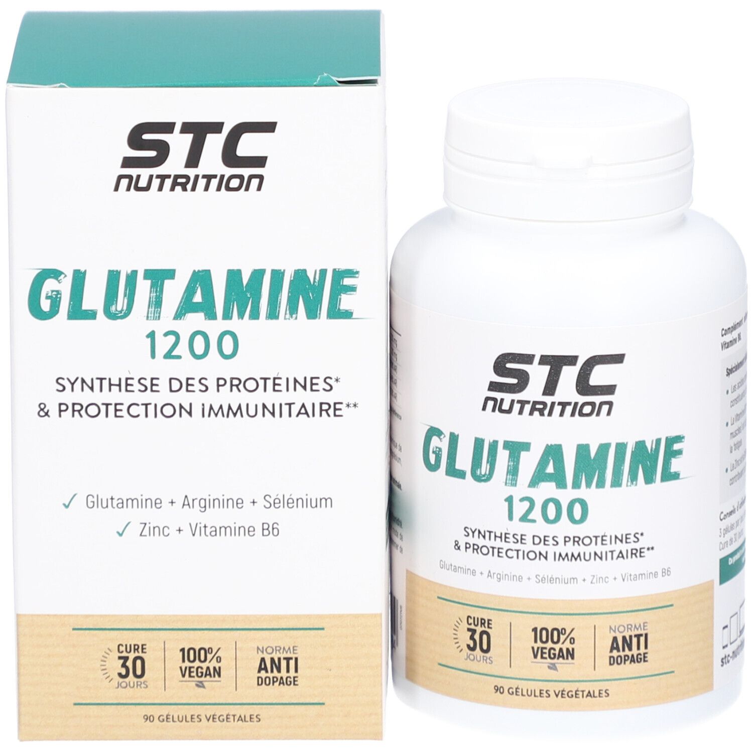 STC Nutrition Glutamine 1200. Flasche und Schachtel. Enthält 90 Kapseln. Vegan, Anti-Doping.