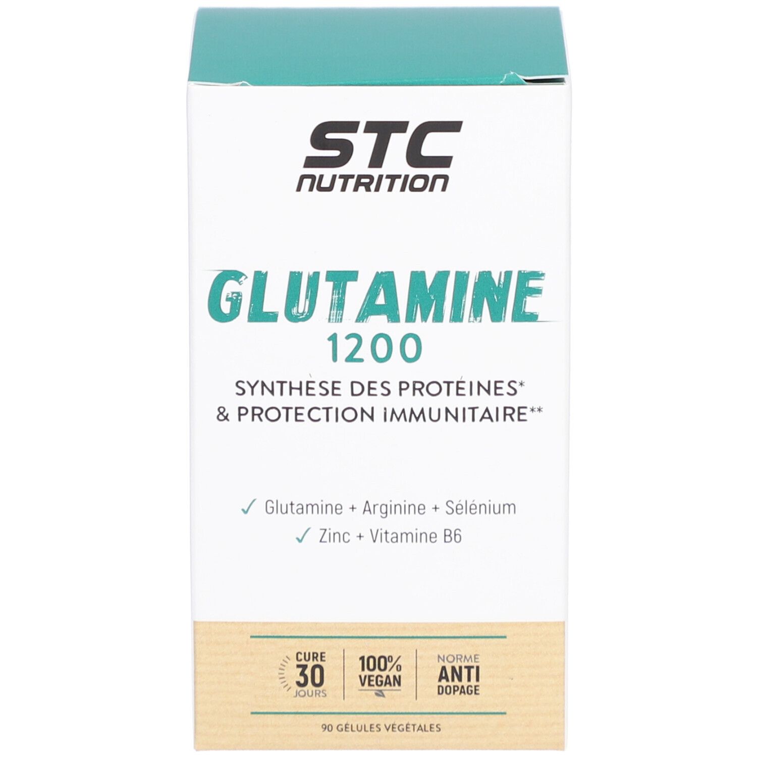 STC Nutrition Glutamine 1200. Schachtel. Enthält 90 Kapseln. Vegan, Anti-Doping.