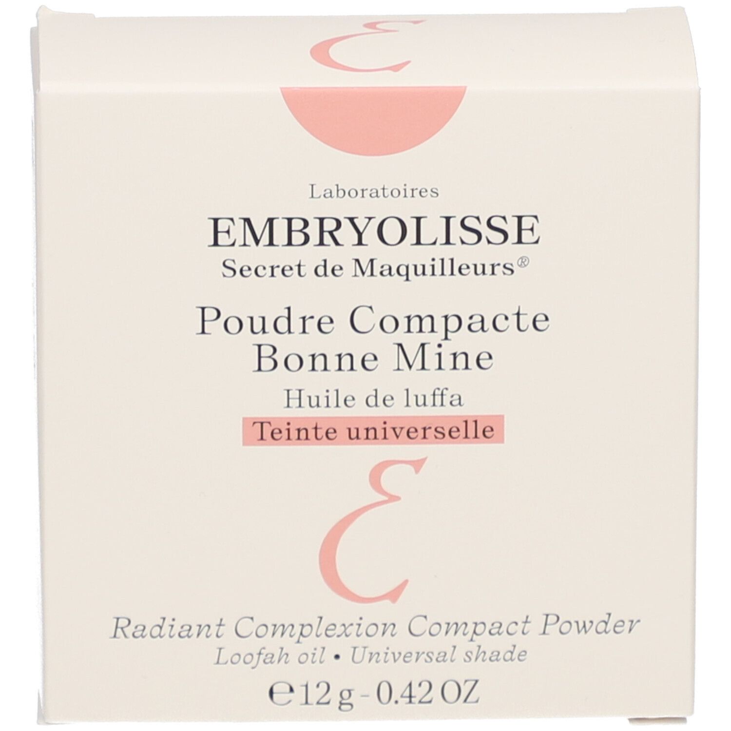 Emballage, blanc, rectangulaire. Inscription: EMBRYOLISSE, Poudre Compacte Bonne Mine, Teinte universelle. Logo rose.