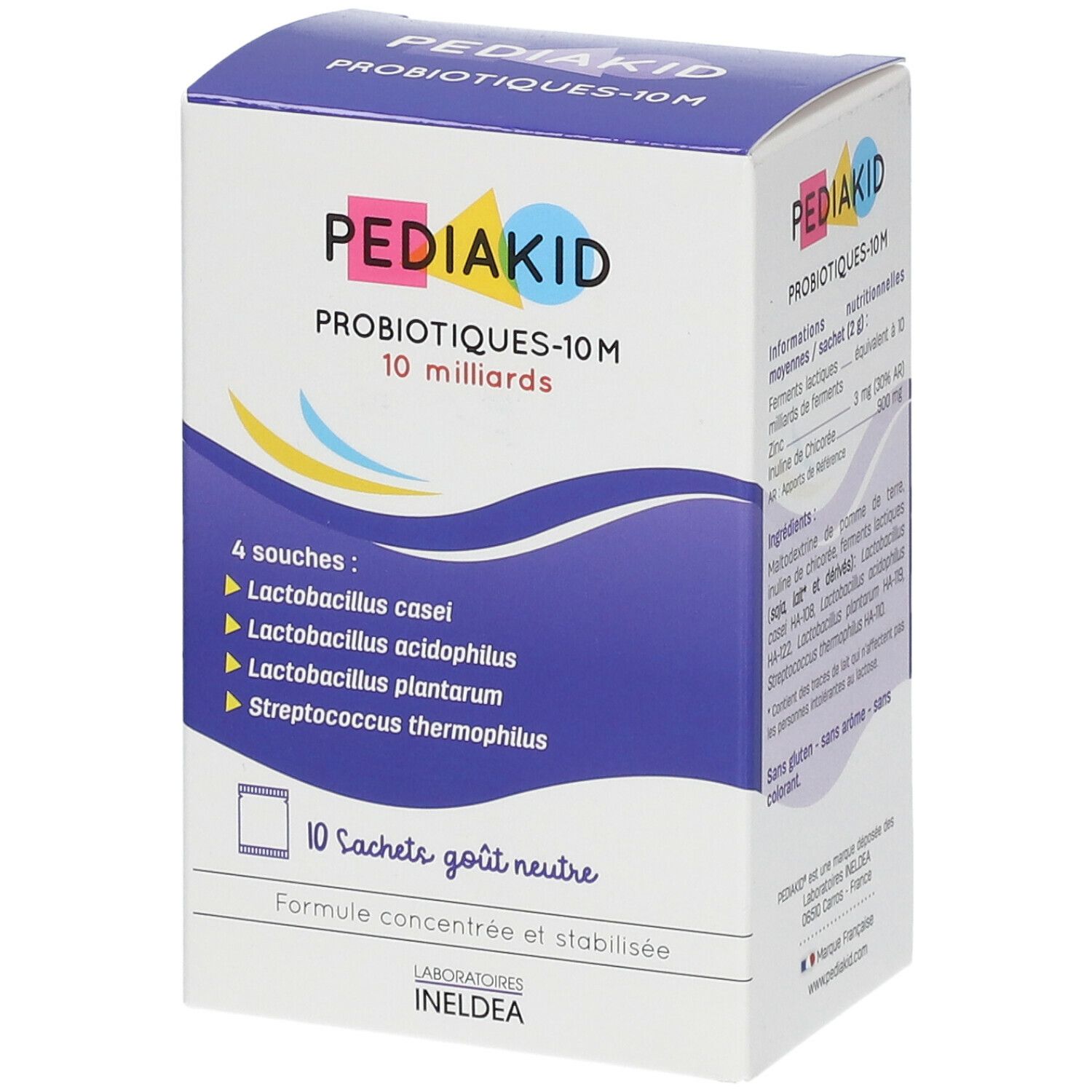 Schachtel PEDIAKID Probiotiques-10M, 10 Milliarden. Enthält 4 Stämme: Lactobacillus casei, acidophilus, plantarum, thermophilus.
