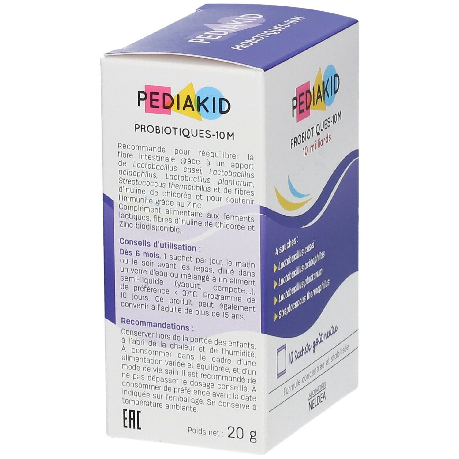 Schachtel PEDIAKID Probiotiques-10M, 10 Milliarden. Enthält 4 Stämme: casei, acidophilus, plantarum, thermophilus. Gebrauchsanweisung.