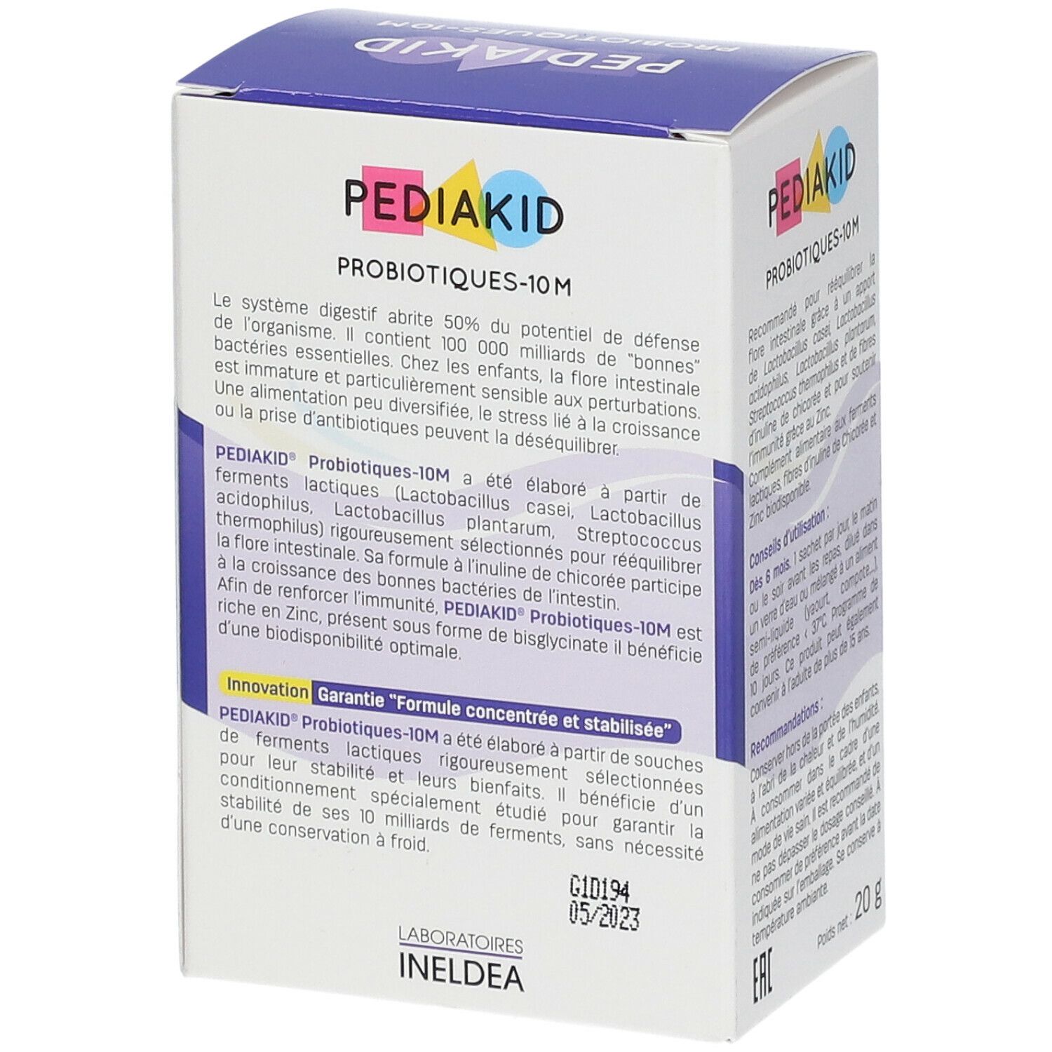 Schachtel PEDIAKID Probiotiques-10M, 10 Milliarden. Beschreibung der Inhaltsstoffe und Vorteile für den Körper.