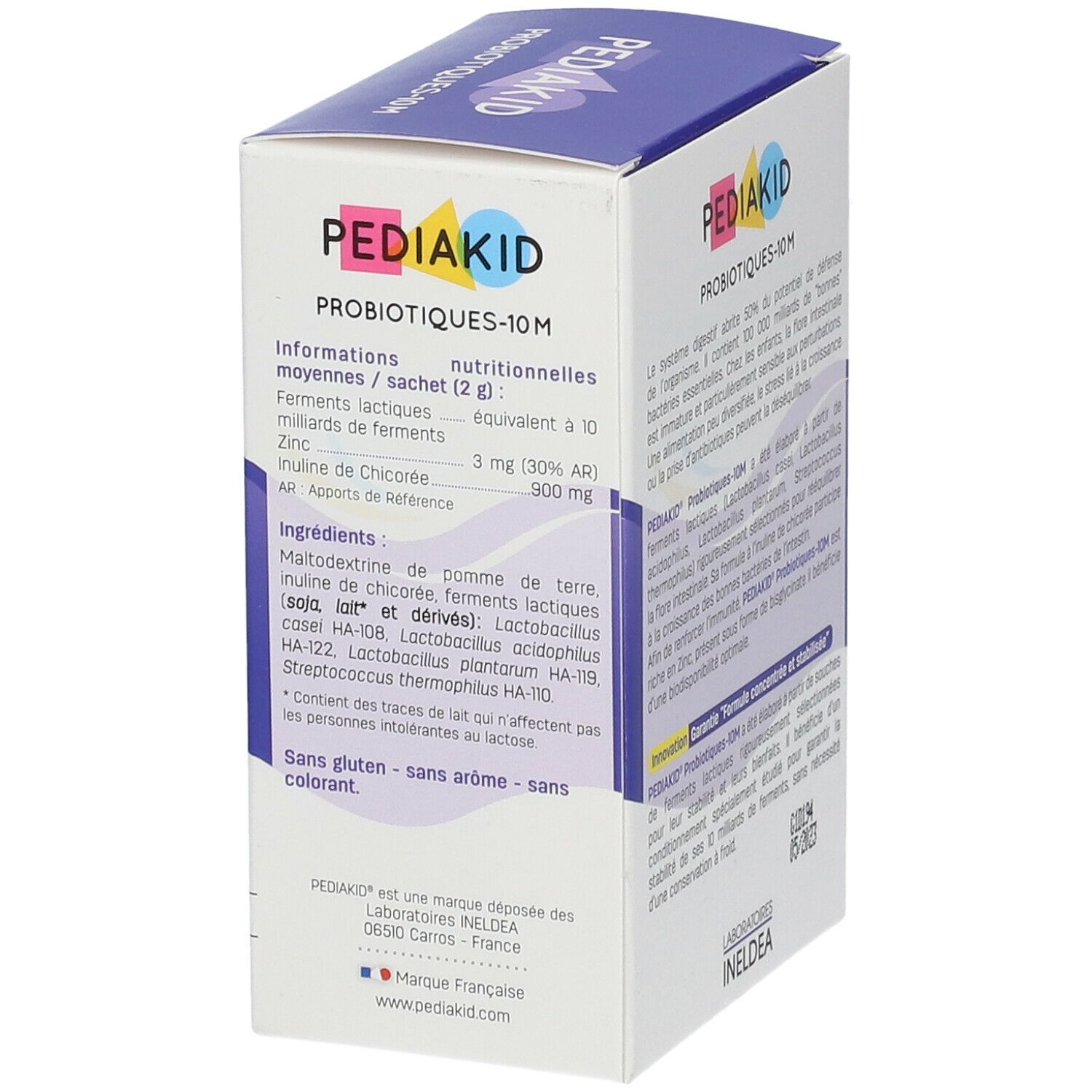 Schachtel PEDIAKID Probiotiques-10M, 10 Milliarden. Nährwertangaben und Zutaten. Enthält keine Allergene.