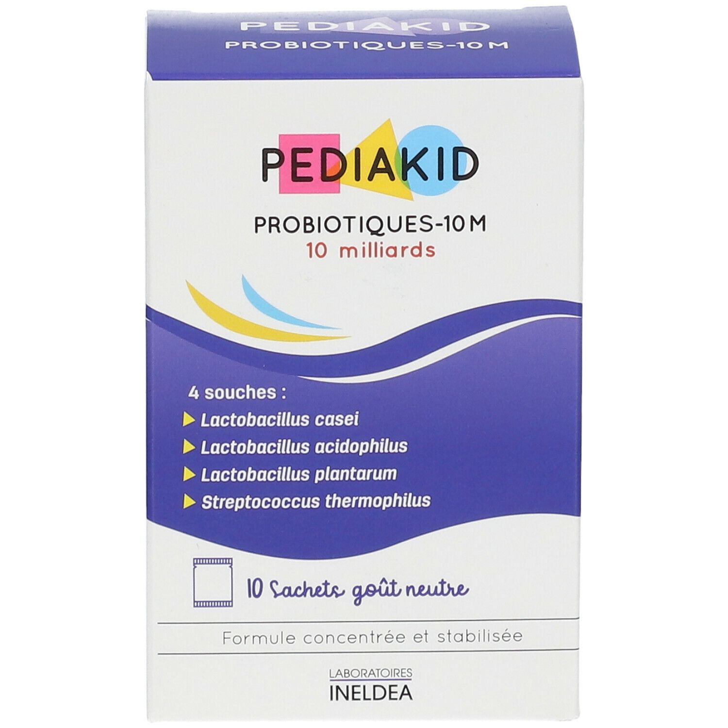 Schachtel PEDIAKID Probiotiques-10M, 10 Milliarden. Enthält 4 Stämme: casei, acidophilus, plantarum, thermophilus. 10 Beutel.