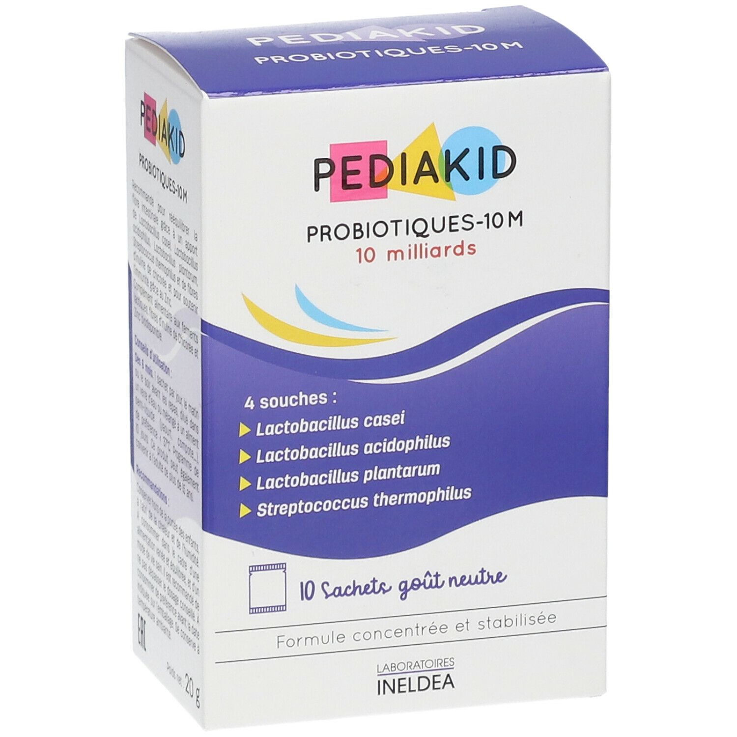 Schachtel PEDIAKID Probiotiques-10M, 10 Milliarden. Enthält 4 Stämme: casei, acidophilus, plantarum, thermophilus. 10 Beutel.