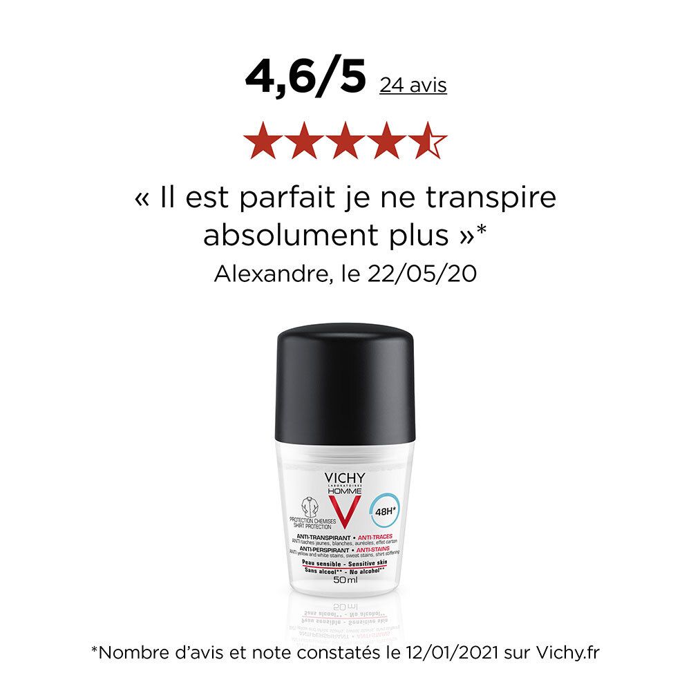 Vichy Homme Déodorant 48H anti-transpirant anti-traces protection chemise 50 ml