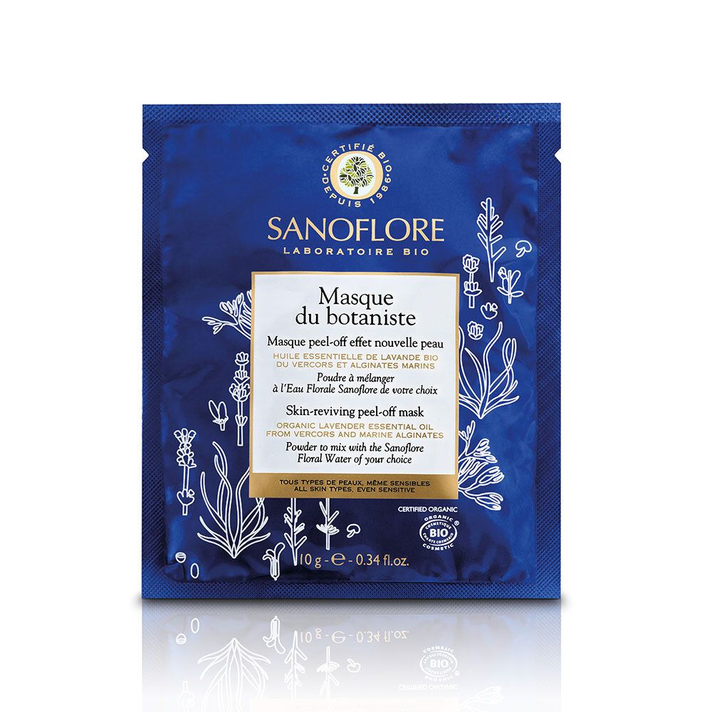 Sachet bleu avec nom et logo du produit. Texte: Masque du botaniste, Skin-reviving peel-off mask. Certification bio.