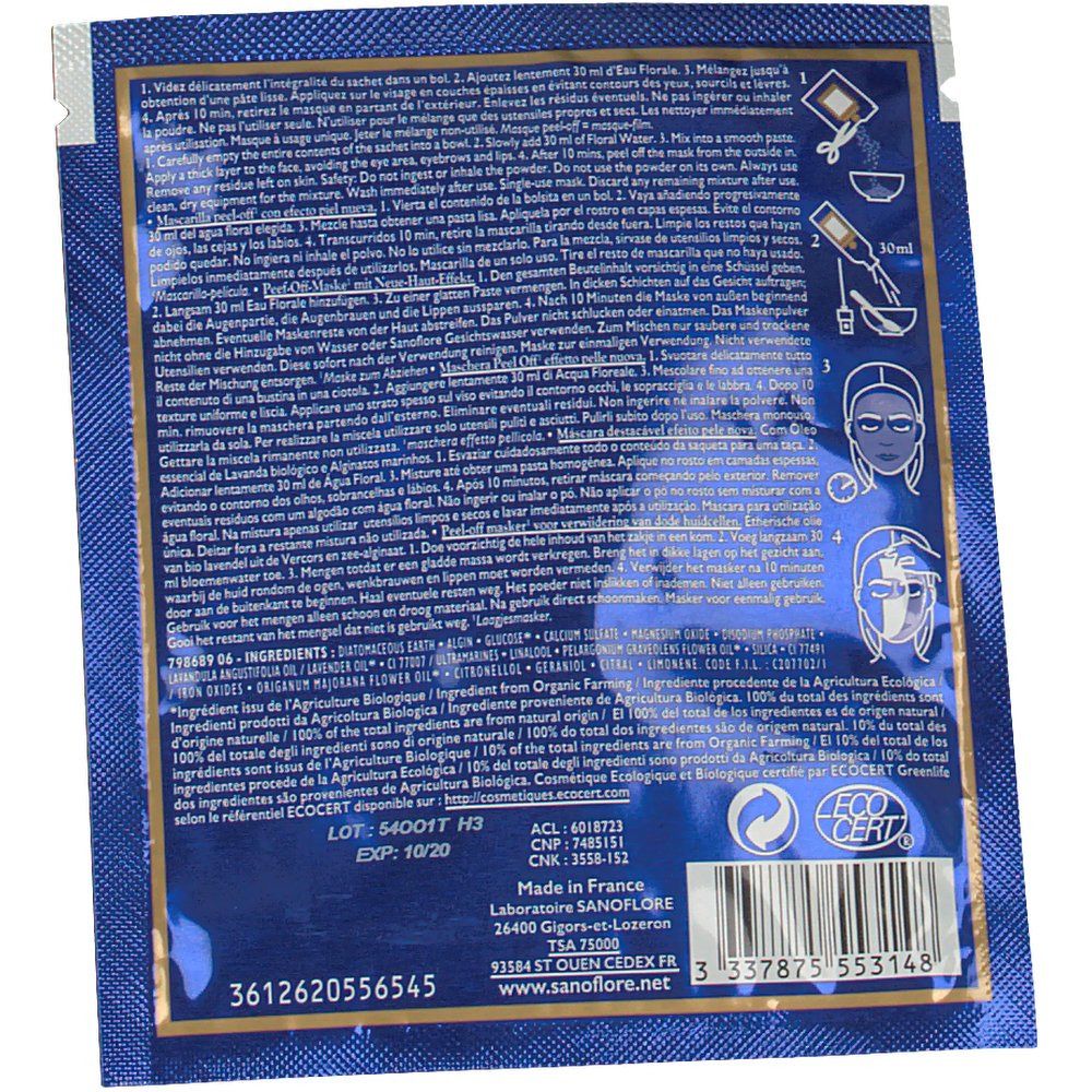 Dos du sachet bleu. Texte et illustrations d'utilisation. Certification bio. Code-barres et informations fabricant.