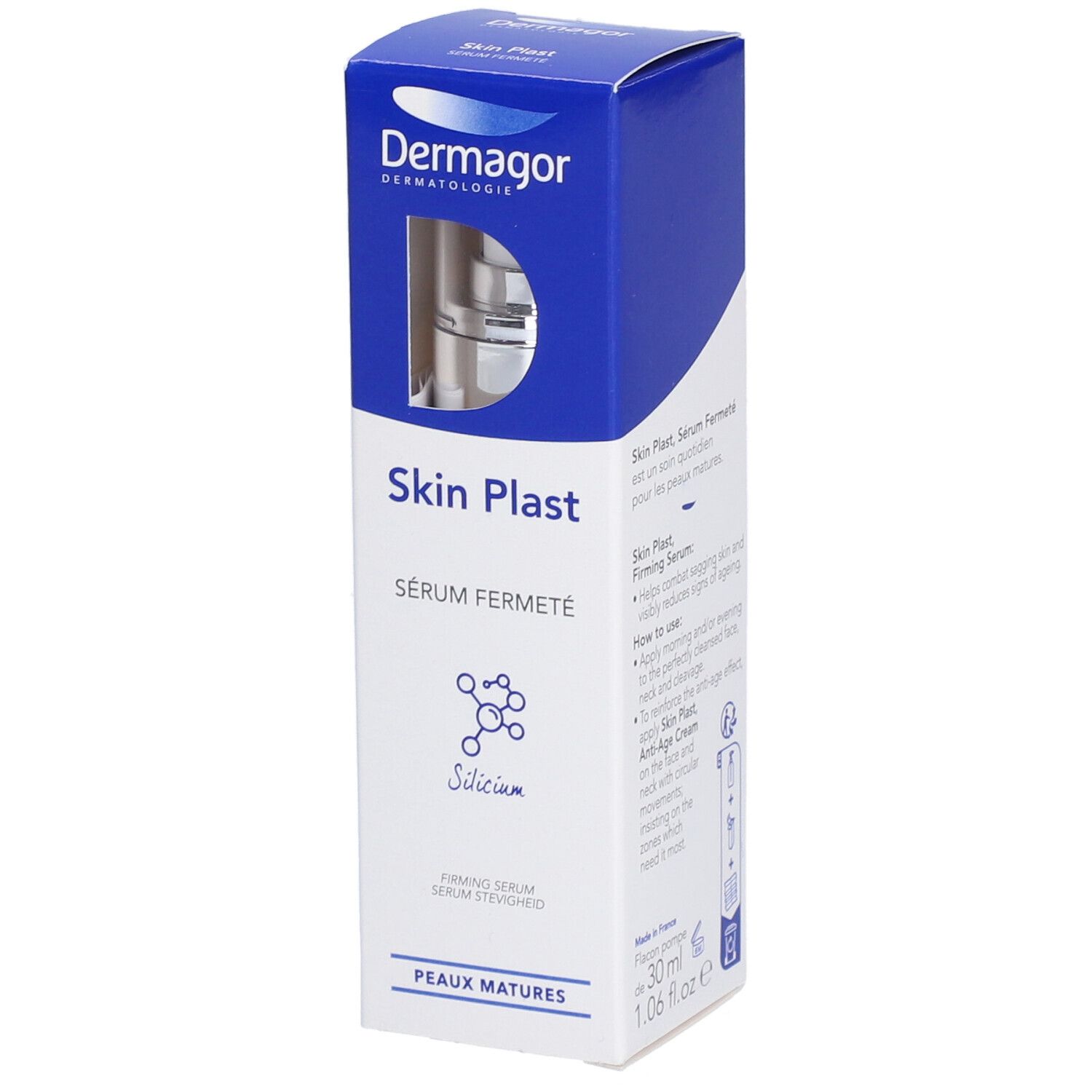 Boîte Dermagor Skin Plast Sérum. Texte: Skin Plast, Sérum Fermeté, Silicium, Peaux matures.