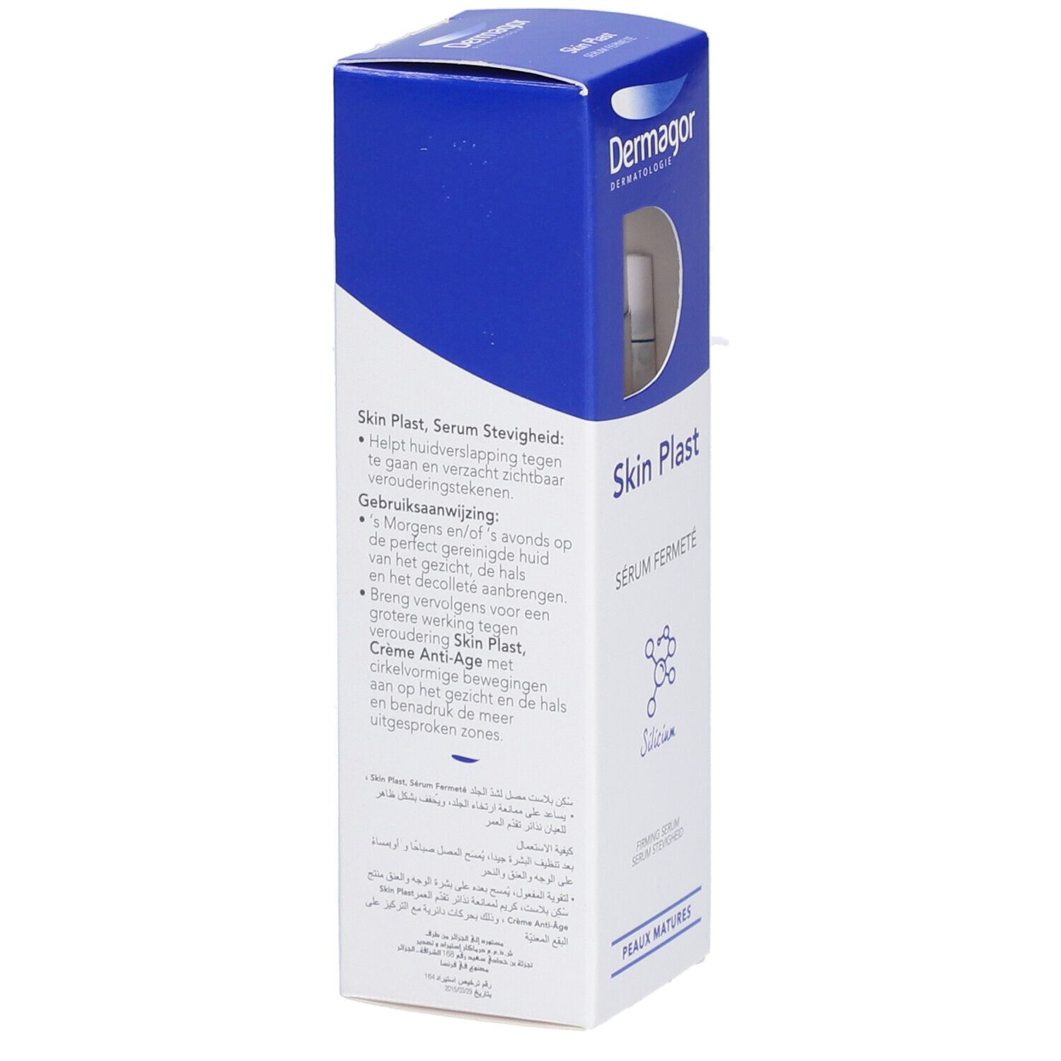 Boîte Dermagor Skin Plast Sérum. Texte en français et néerlandais. Skin Plast, Sérum Fermeté, Peaux matures.