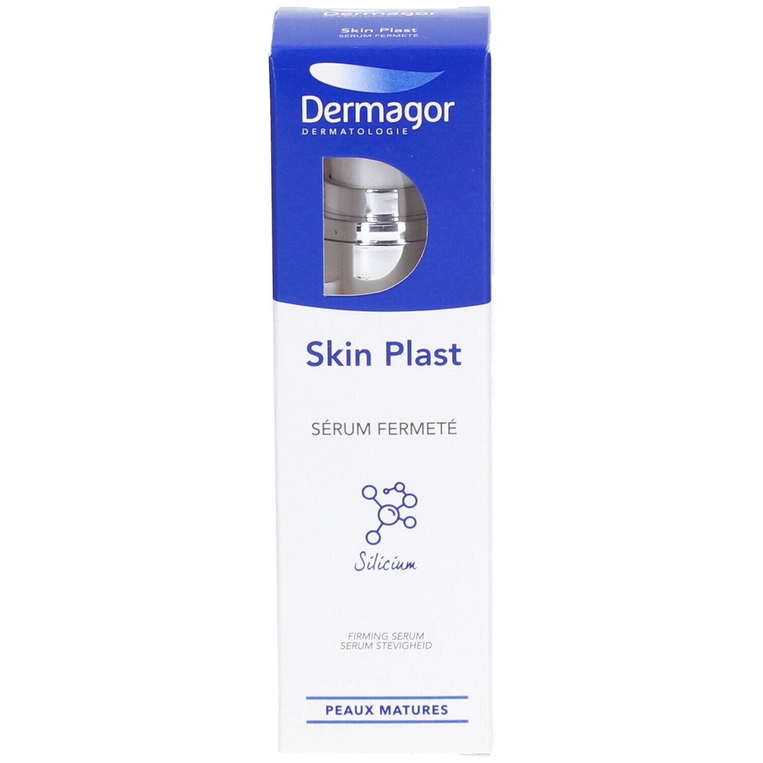 Boîte Dermagor Skin Plast Sérum. Texte: Skin Plast, Sérum Fermeté, Silicium, Peaux matures.