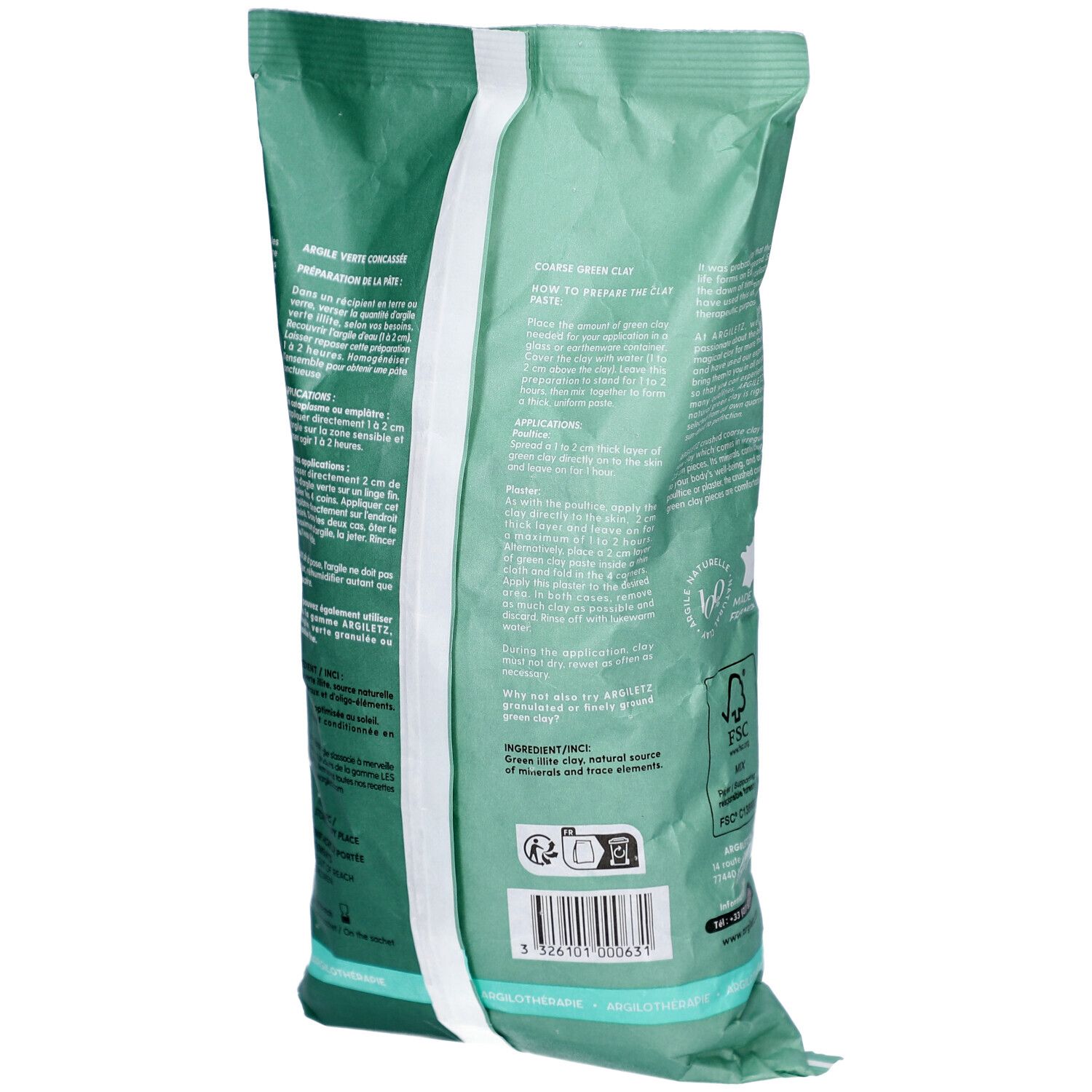 Rückseite der grünen Verpackung. Text und Anweisungen. FSC-Logo und andere Zertifizierungen.