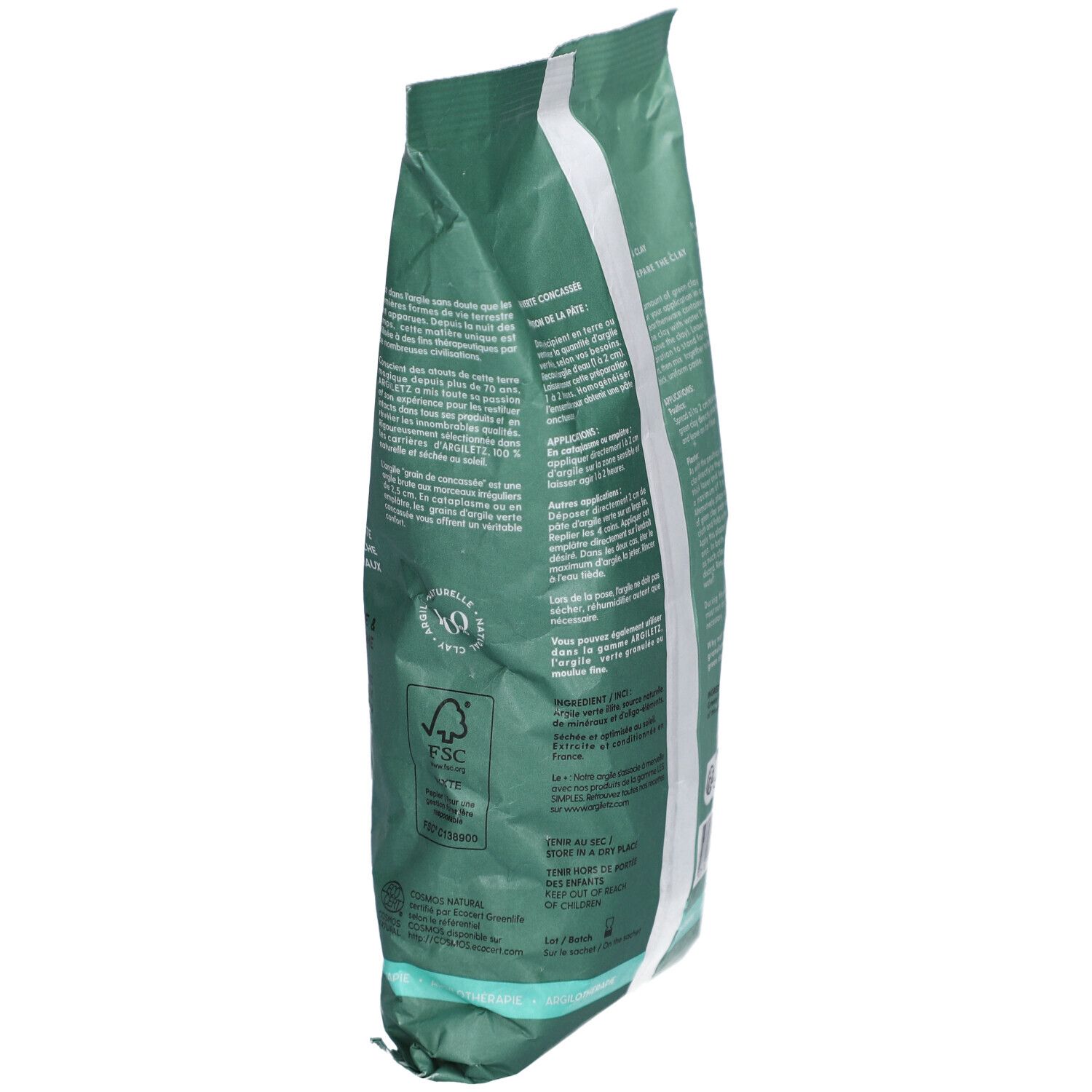 Seitenansicht der grünen Verpackung. Text und Zertifizierungen. FSC-Logo und französisches Gütesiegel.