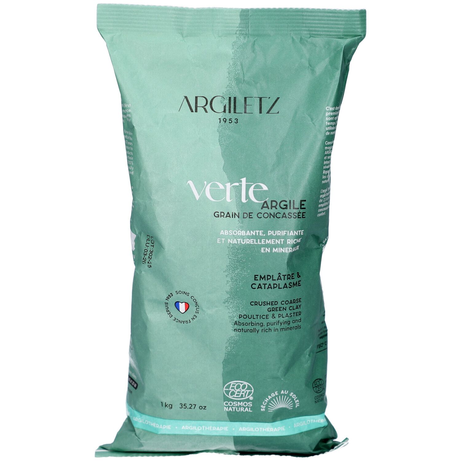 Grüne Verpackung mit Produktnamen und Text. Enthält zerkleinerten grünen Ton. Mit Zertifizierungen und französischer Flagge.