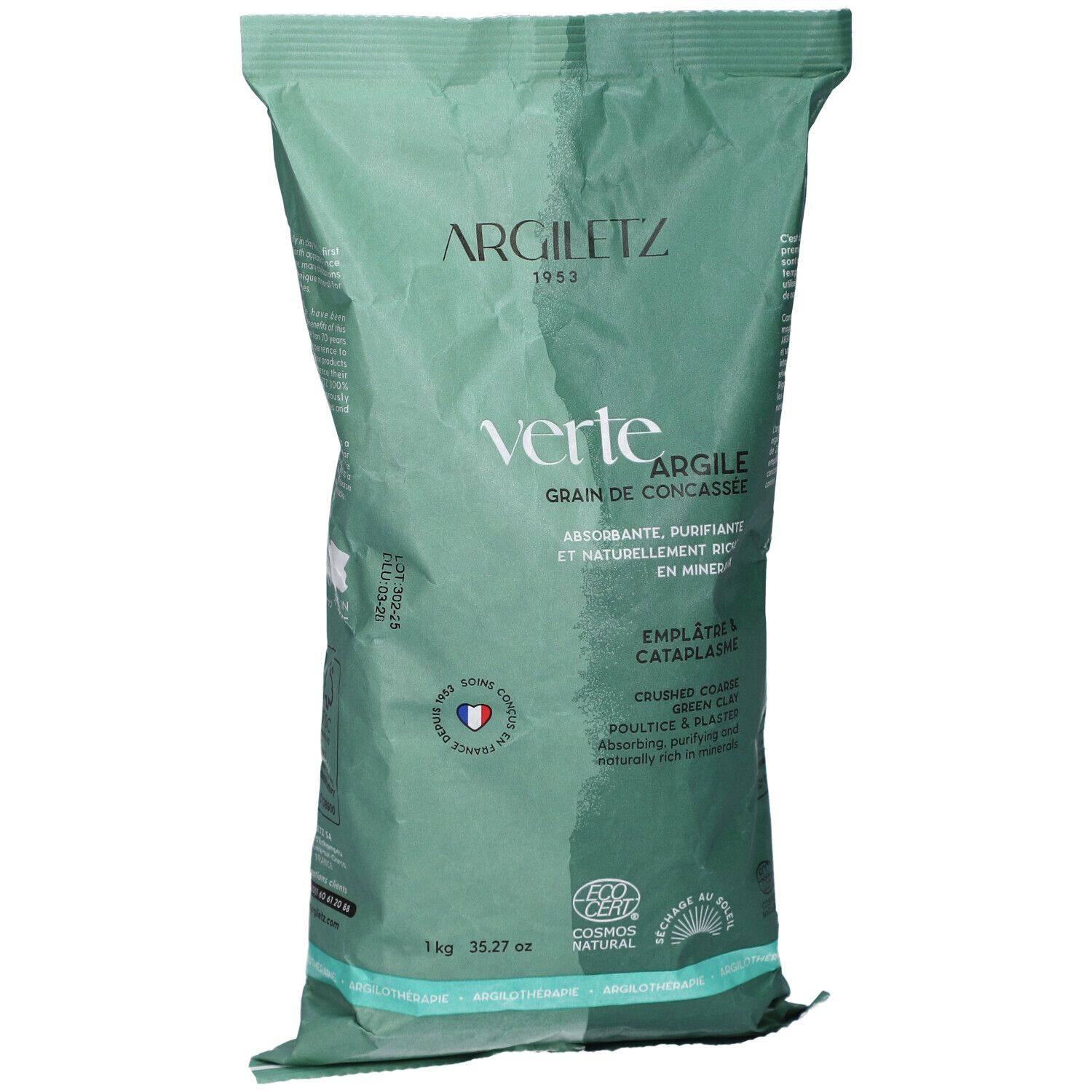 Grüne Verpackung mit Produktnamen und Text. Enthält zerkleinerten grünen Ton. Mit Zertifizierungen und französischer Flagge.