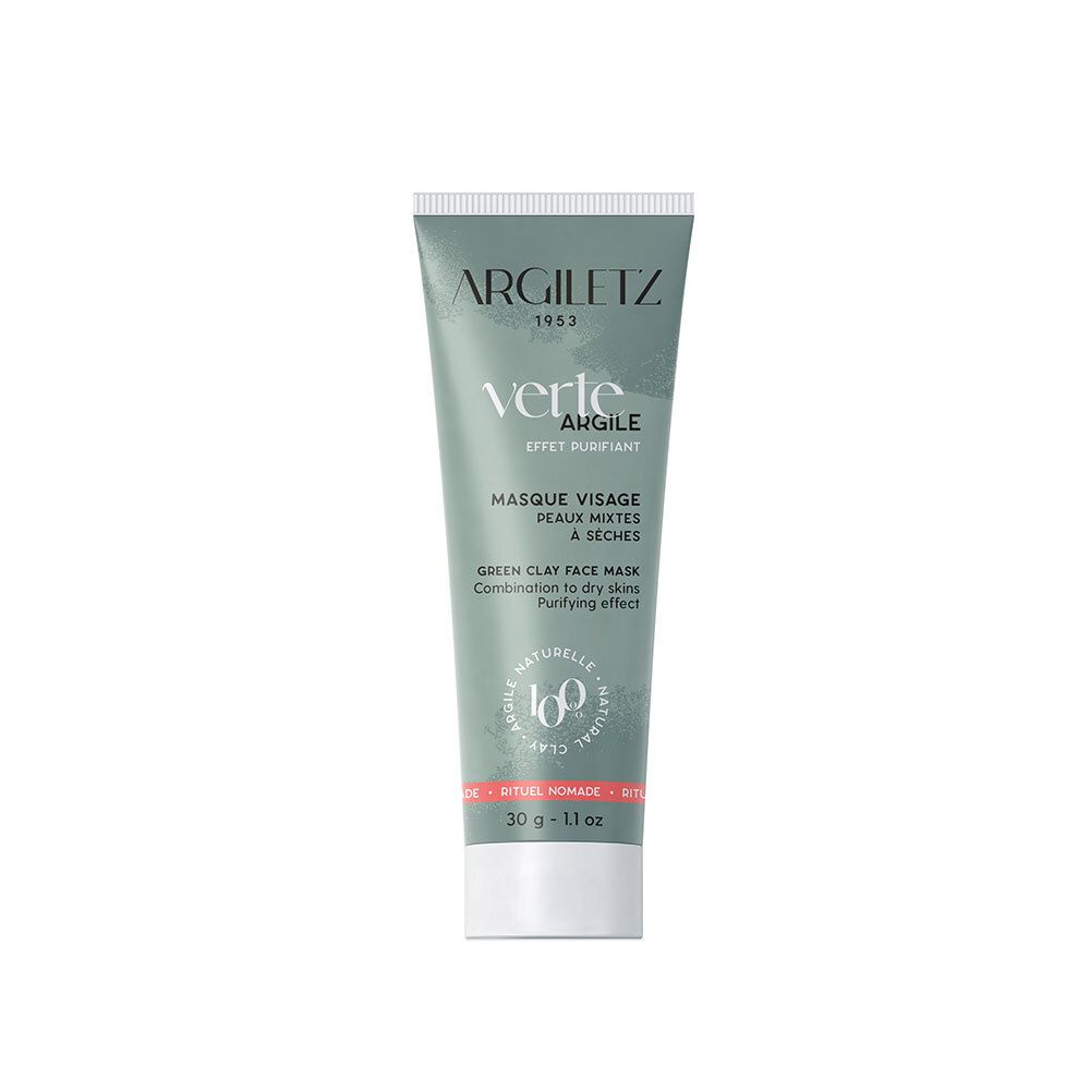Grüne Tube mit Produktbeschriftung. Text: ARGILETZ, VERTE ARGILE, MASQUE VISAGE, Peaux mixtes à sèches. 30 g.