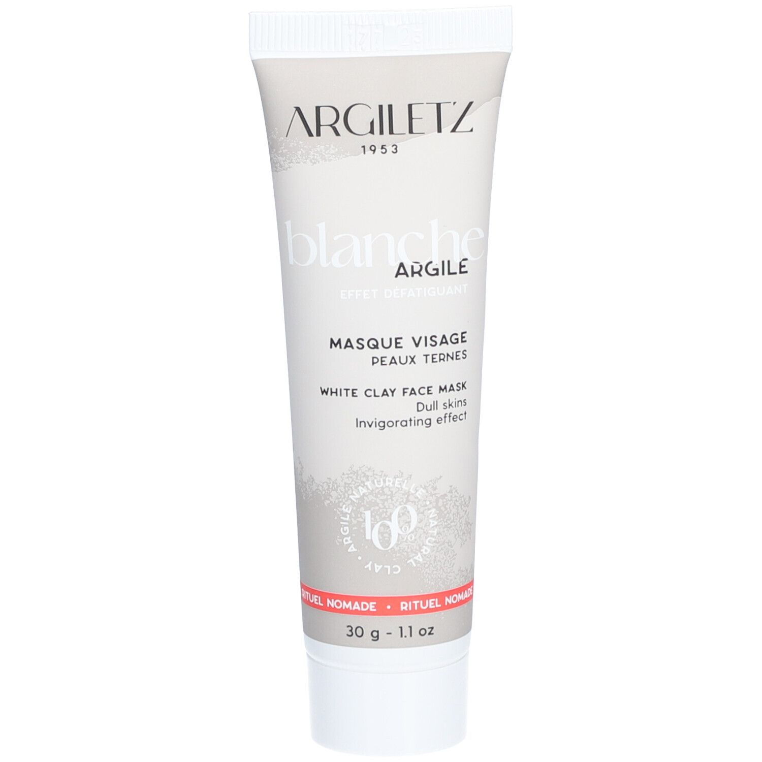 Tube blanc ARGILETZ. Inscription: blanche Argile, masque visage peaux ternes. 30g. Ingrédients et instructions.