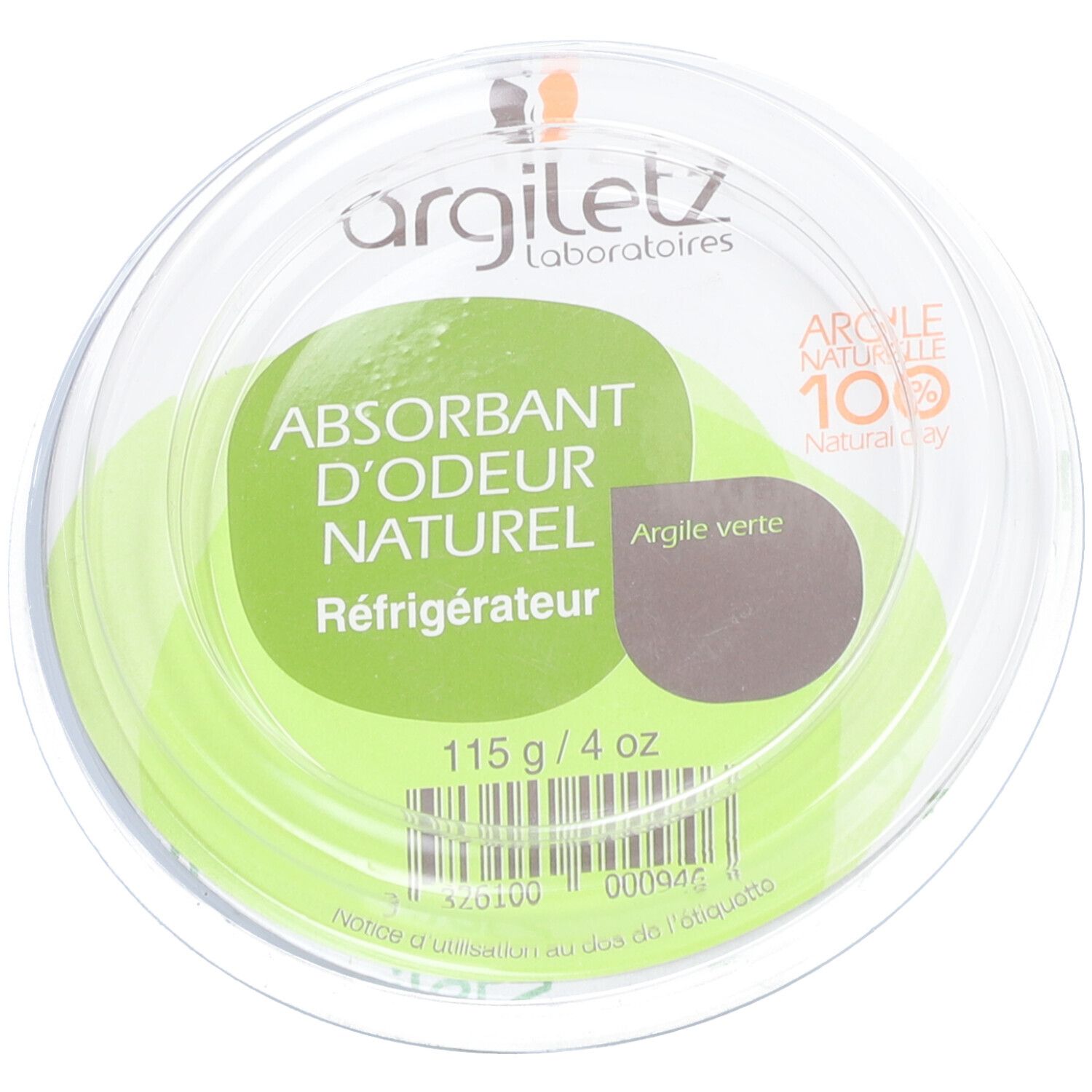 Runde, transparente Verpackung mit grünem Deckel. Etikett mit Produktinformationen und Argiletz-Logo. Enthält grüne Tonerde.