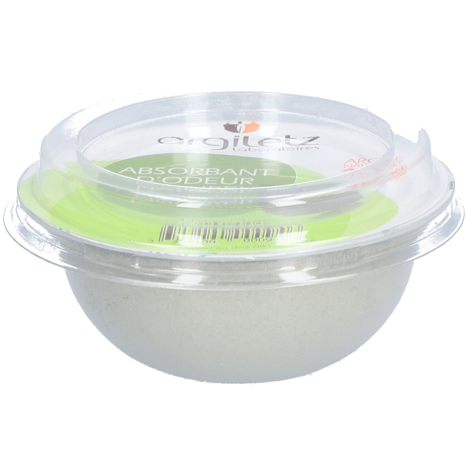 Runde, transparente Verpackung mit grünem Inhalt und Deckel. Argiletz-Logo sichtbar. Produkt zur Geruchsabsorption.