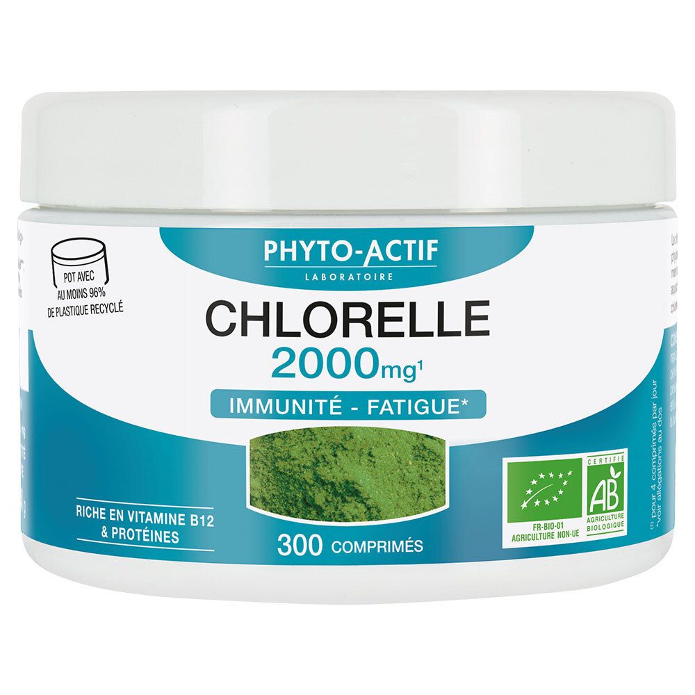 Pot blanc PHYTO-ACTIF Chlorelle. Texte: Chlorelle 2000mg, Immunité-Fatigue. 300 comprimés. Label AB. Contient 96% plastique recyclé.