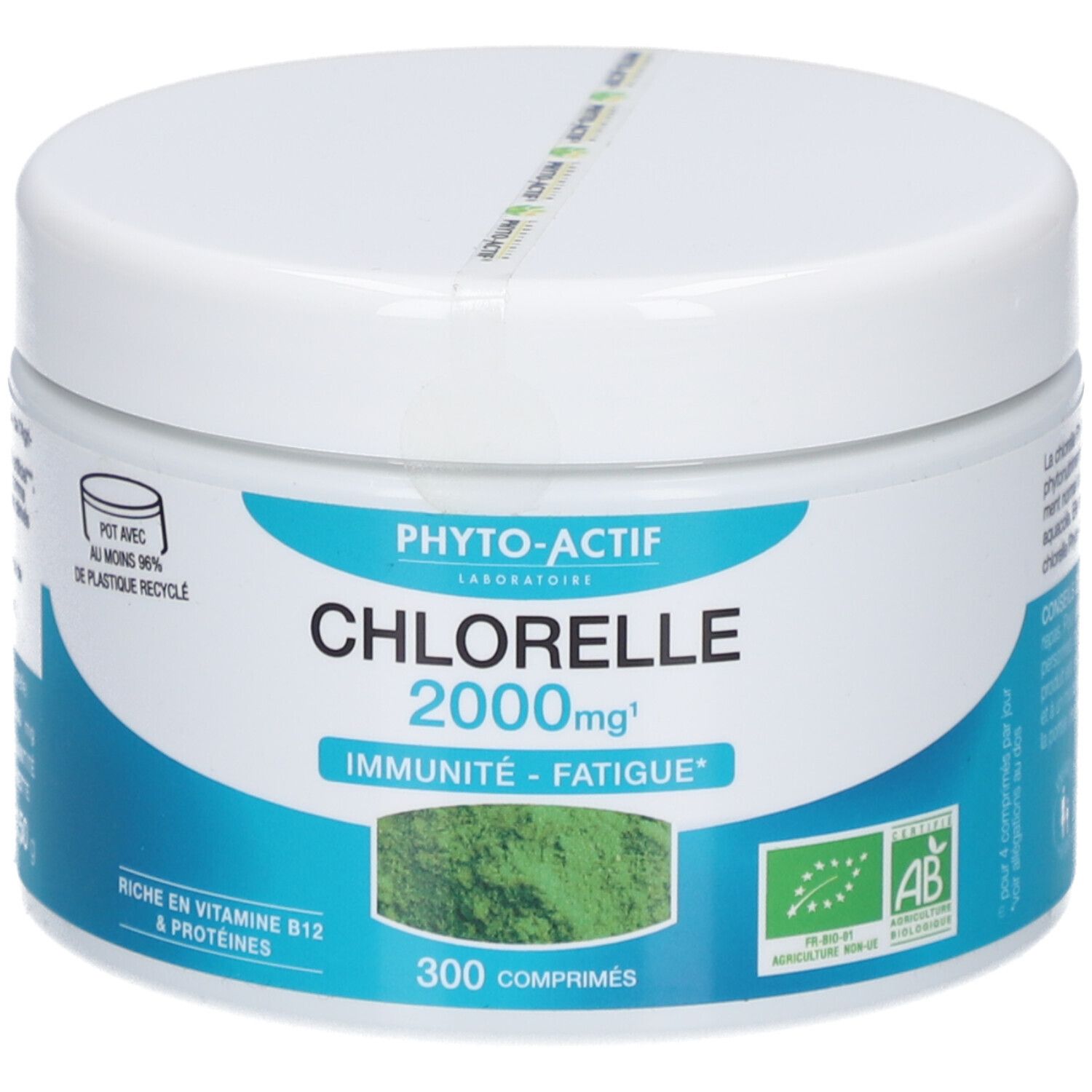 Weißes, rundes Behälter mit blauem Etikett. Aufschrift: PHYTO-ACTIF Chlorelle 2000mg, 300 Tabletten. Bio-Siegel.