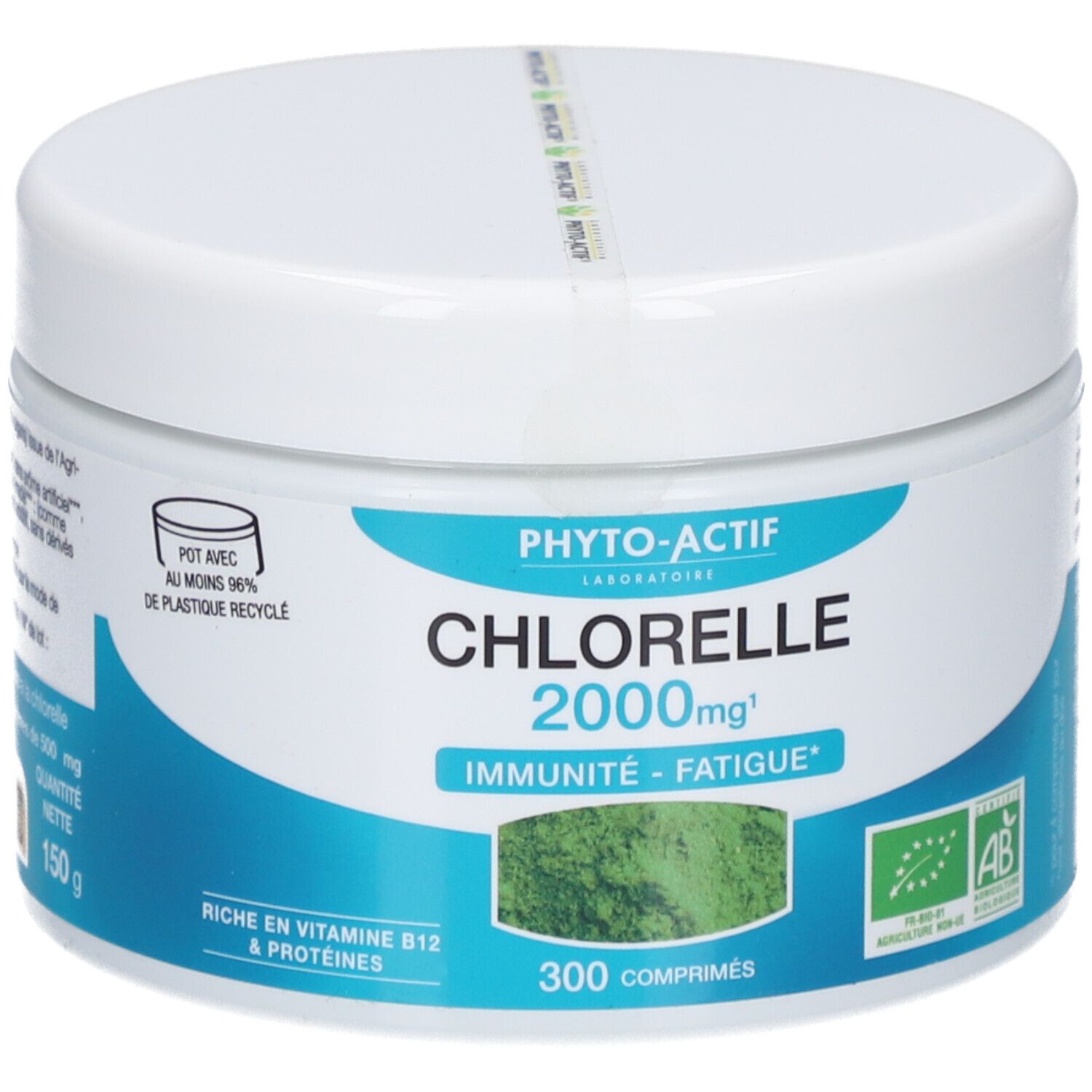 Weißer, runder Behälter mit blauem Etikett. Aufschrift: PHYTO-ACTIF Chlorelle 2000mg, 300 Tabletten. Bio-Siegel.