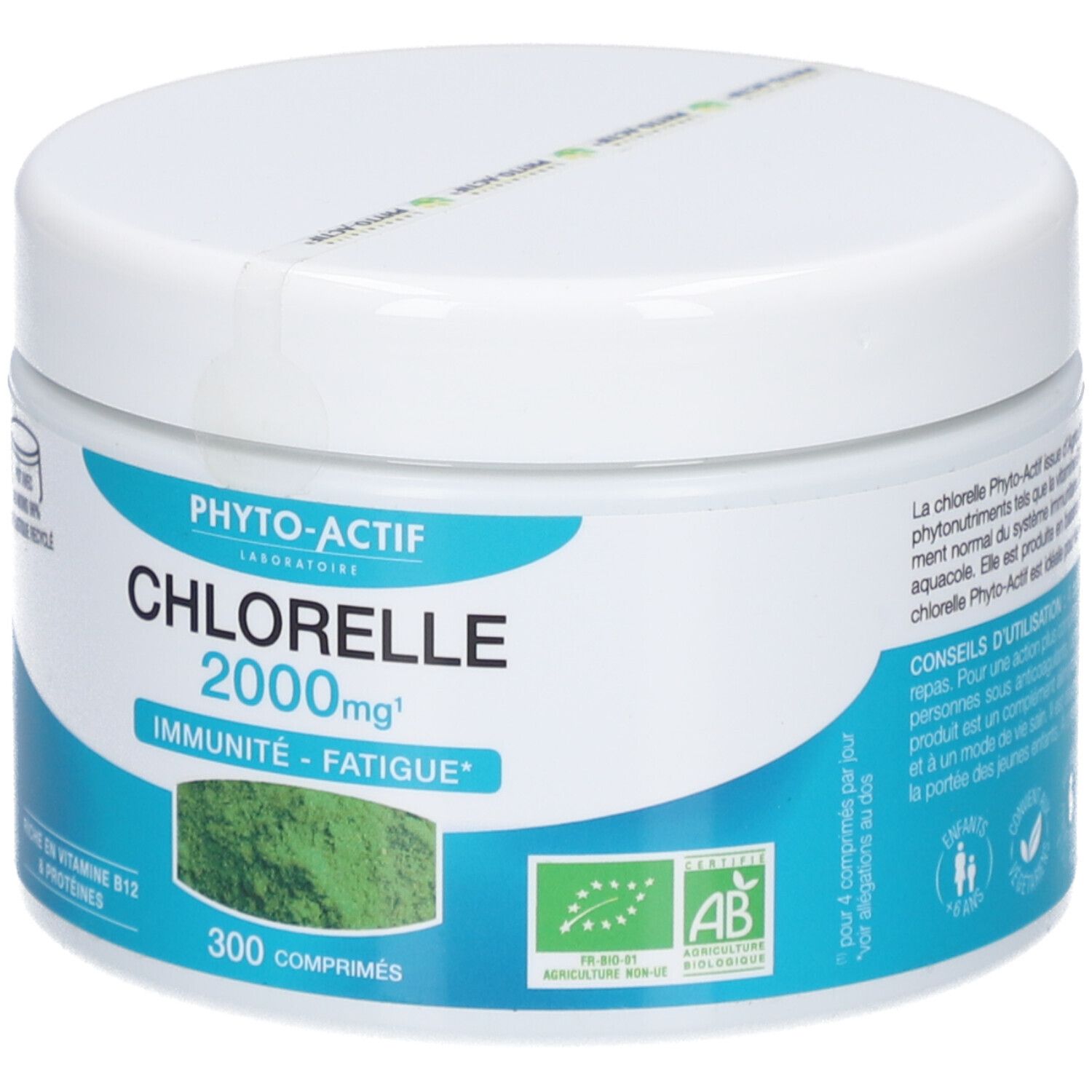 Weißer, runder Behälter mit blauem Etikett. Aufschrift: PHYTO-ACTIF Chlorelle 2000mg, 300 Tabletten. Bio-Siegel.