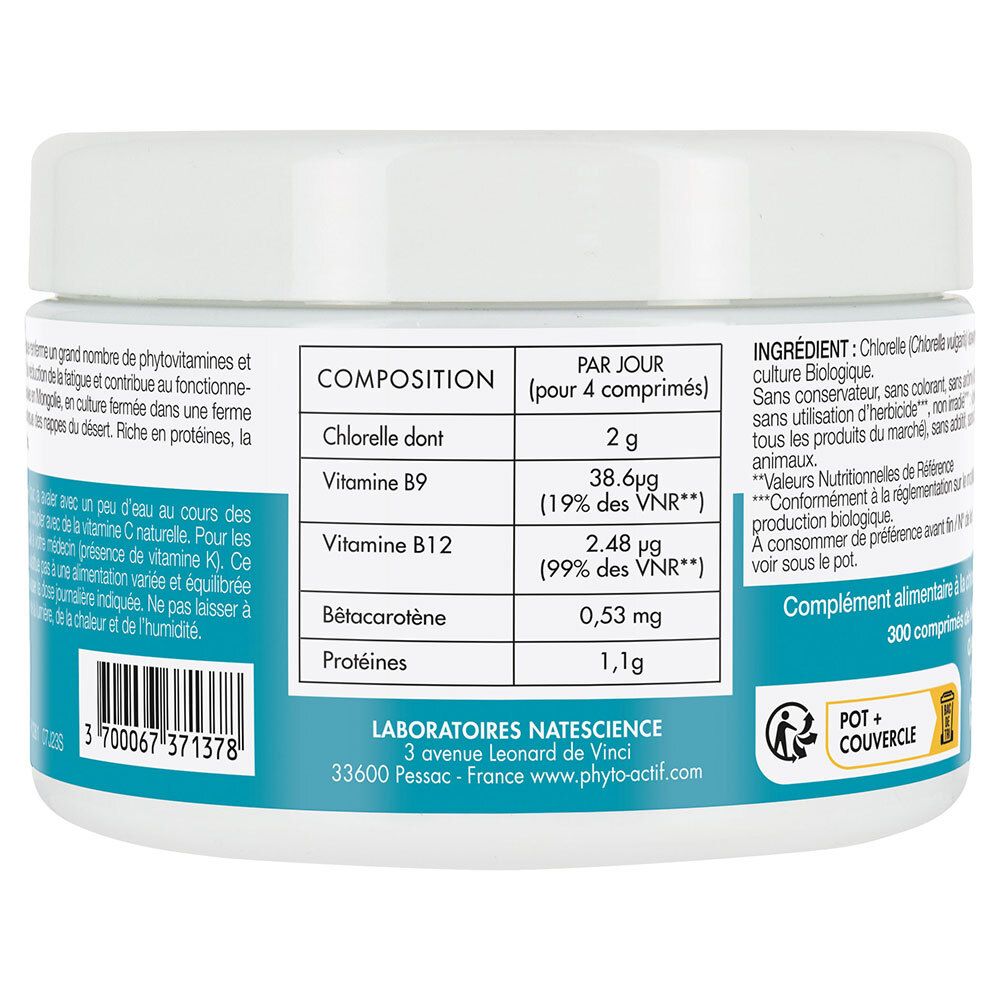 Dos du pot blanc. Texte: Composition, Chlorelle, Vitamine B9, B12, Bêta-carotène, Protéines. Tableau nutritionnel. Adresse du fabricant.