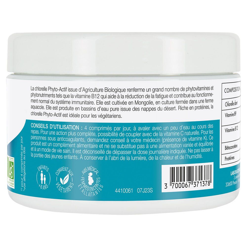 Dos du pot blanc. Texte: Conseils d'utilisation, 4 comprimés par jour. Convient aux végétariens. Adresse. Code-barres.