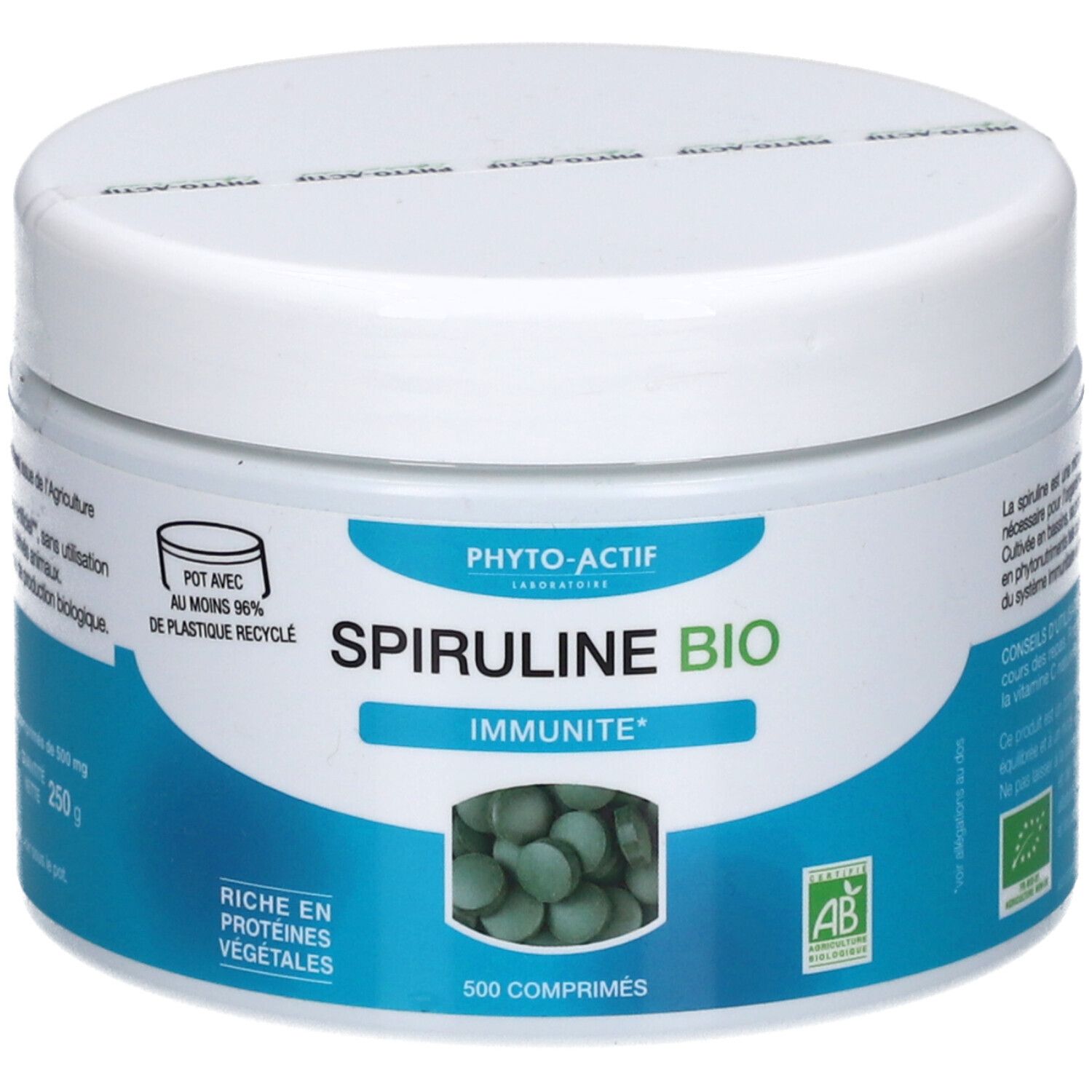 Weißes, rundes Döschen mit blauem Etikett. Aufschrift: Spiruline Bio, 500 Tabletten. Bio-Siegel.