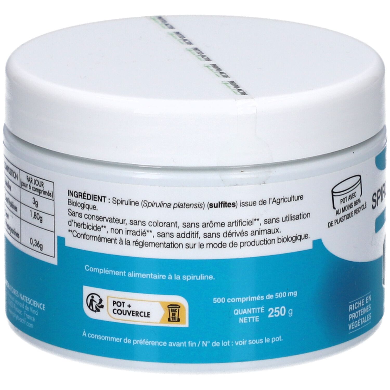 Rückseite des weißen, runden Döschens. Angaben zu Inhaltsstoffen, Menge, und Bio-Zertifizierung. Deckel mit Aufkleber.