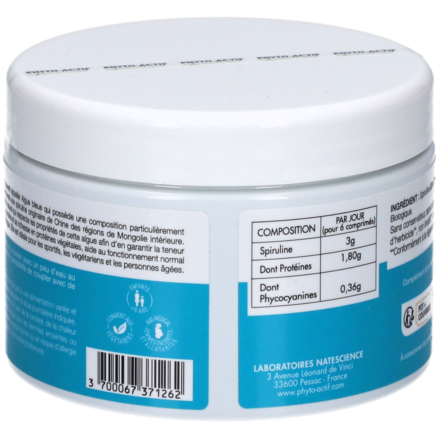 Rückseite des weißen, runden Döschens. Angaben zu Inhaltsstoffen und Nährwerten. Bio-Siegel und Herstellerangaben.