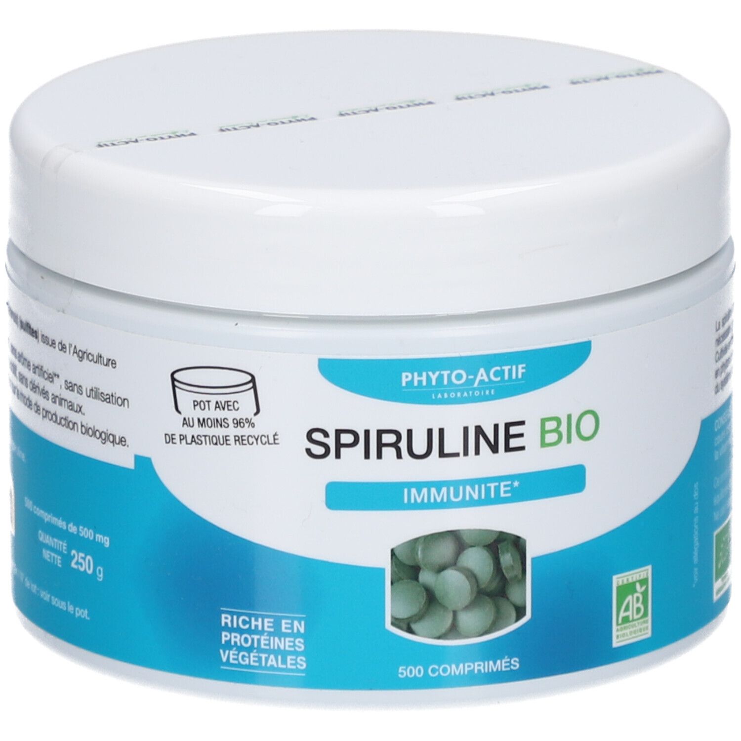 Weißes, rundes Döschen mit blauem Etikett. Aufschrift: Spiruline Bio, 500 Tabletten. Bio-Siegel.