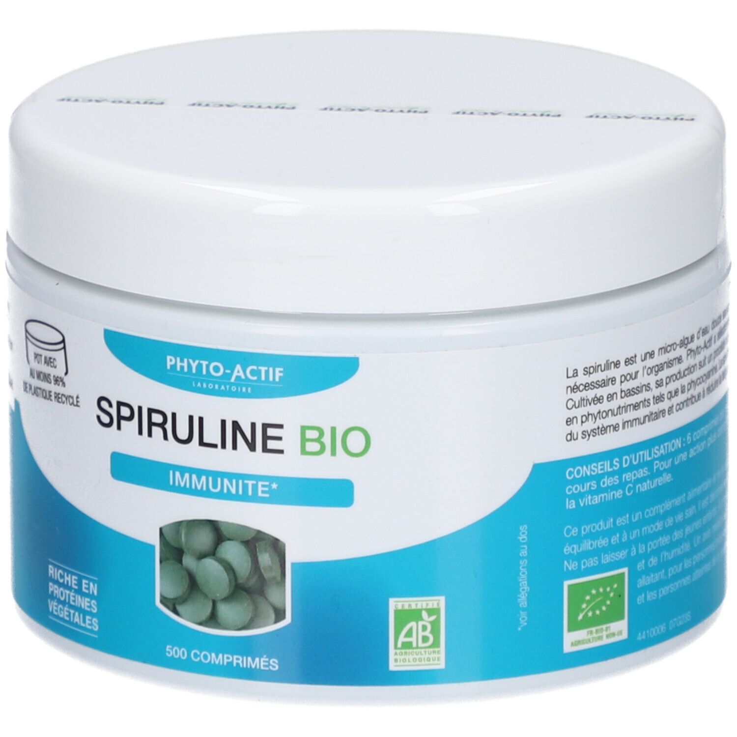 Weißes, rundes Döschen mit blauem Etikett. Aufschrift: Spiruline Bio, 500 Tabletten. Bio-Siegel.