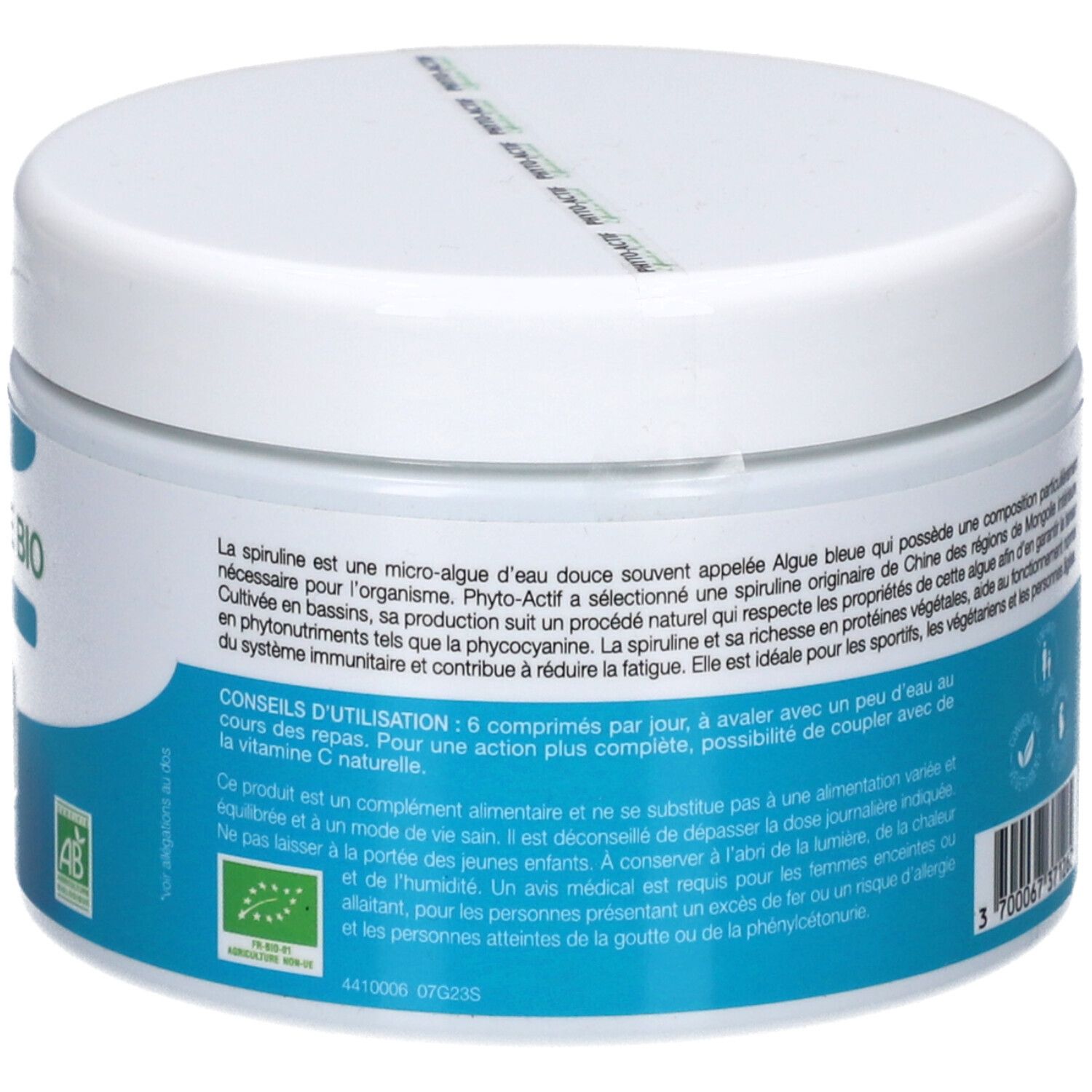 Rückseite des weißen, runden Döschens. Informationen zur Anwendung und Inhaltsstoffen. Bio-Siegel.