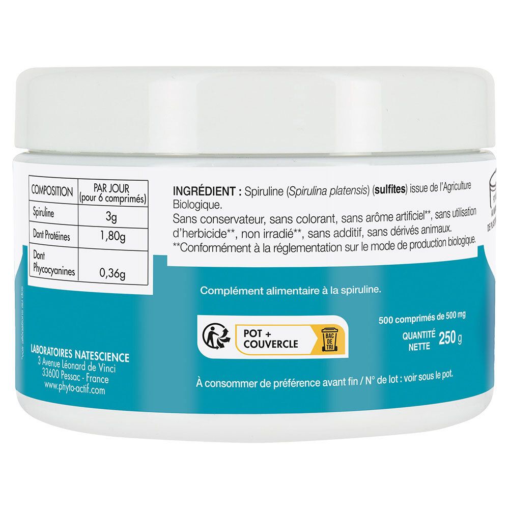 Rückseite des weißen, runden Produkts. Blaue Etikett mit Nährwertangaben und Inhaltsstoffen. Text.