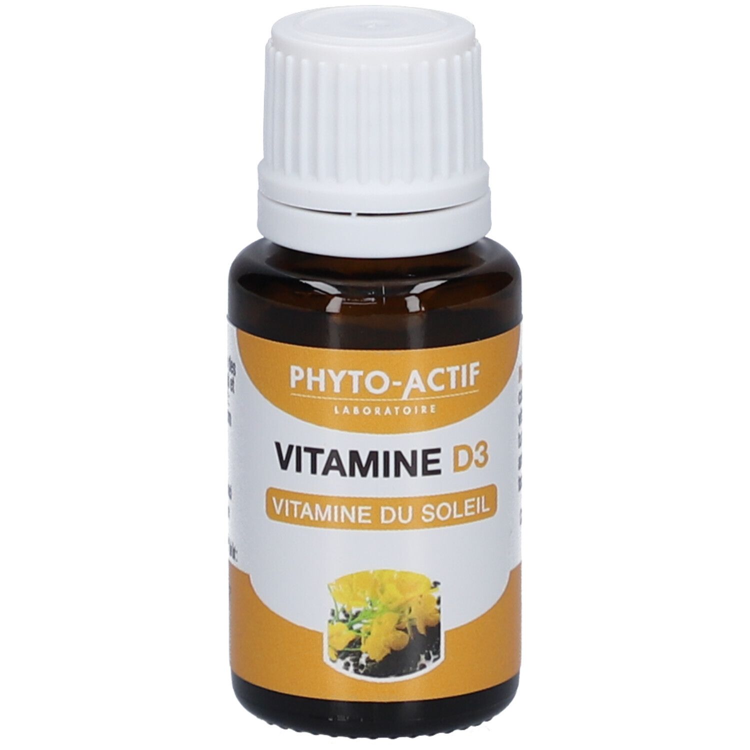 Braune Glasflasche mit weißem Deckel. Etikett mit Produktnamen und gelbem Hintergrund. Aufschrift: Vitamine D3.