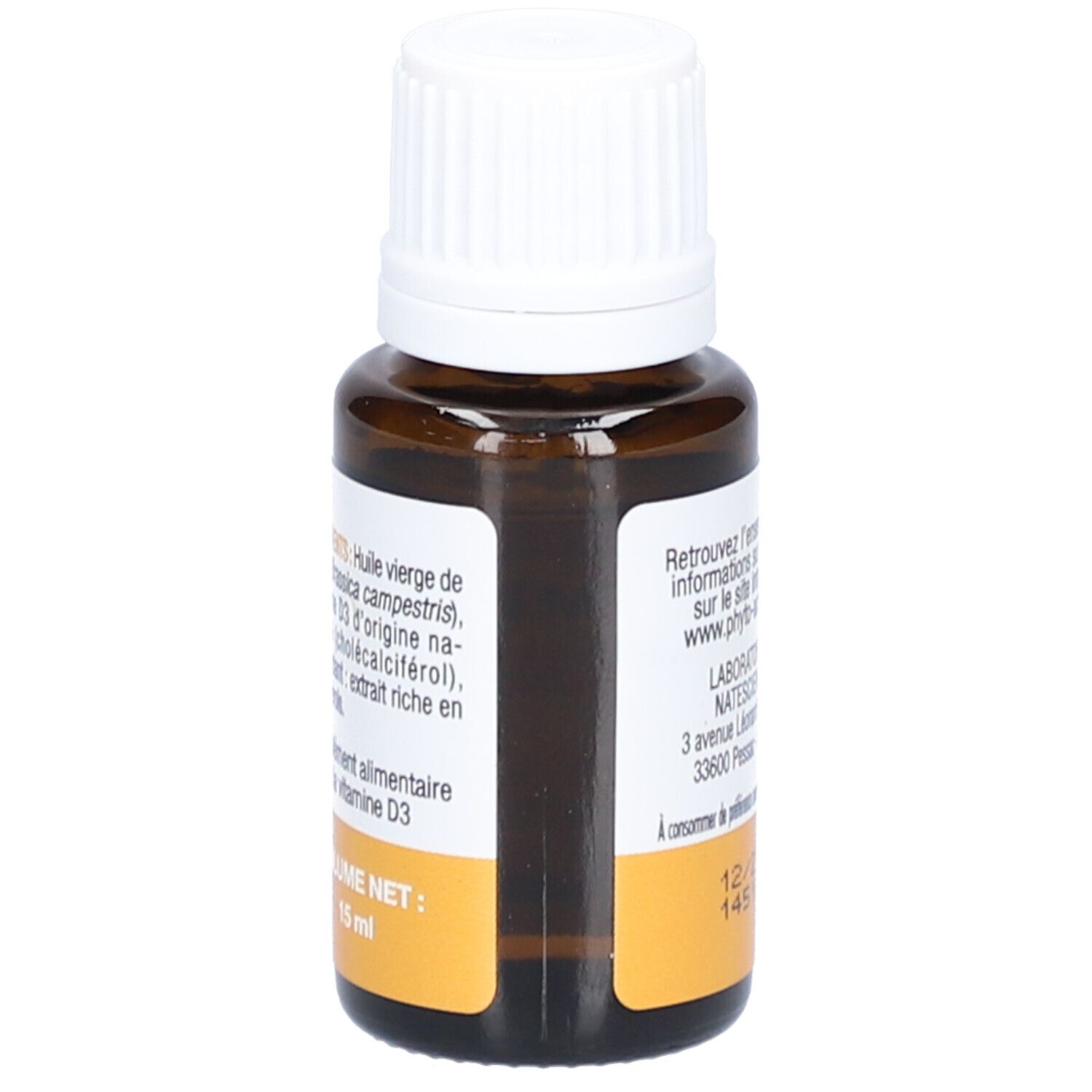 Braune Glasflasche mit weißem Deckel. Rückseite mit Text und gelbem Etikett. Zutatenliste und Volumenangabe.