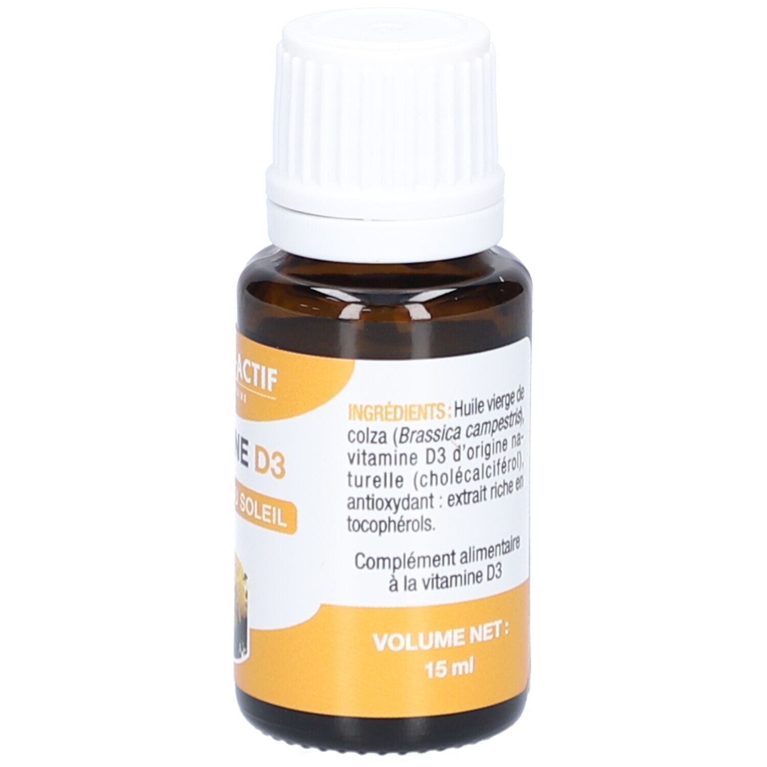 Braune Glasflasche mit weißem Deckel. Etikett mit Produktnamen und gelbem Hintergrund. Zutatenliste und Volumenangabe.